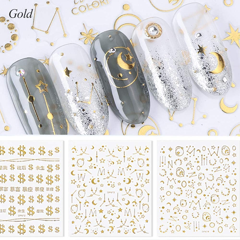 3D Gold Star Nail Art Stickers - Self Adhesive Metallic Nail Decals (6 Sheets) for DIY Manicure, Acrylic Nails & Nail Art Decorations - Luxury Moon & Money Design Nail Supplies - Perfect for Parties, Weddings, Holidays & Special Occasions