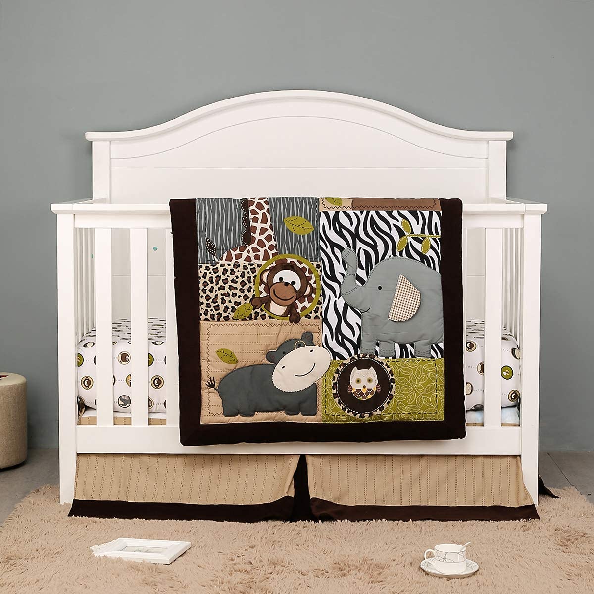 Brandream 3-Piece Jungle Crib Bedding Set for Boys - Elephant, Zebra, Giraffe Animal Print Nursery Set with Comforter, Fitted Sheet & Crib Skirt | Soft Baby Bedding for Zoo-Themed Nursery Decor | Perfect for Newborns, Infants & Toddlers