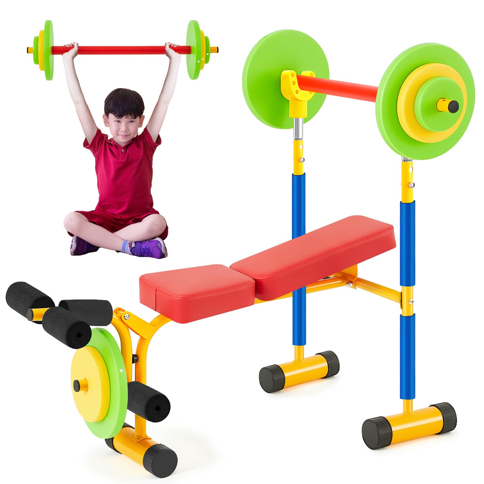 Meooeck Adjustable Kids Weight Bench Set with Weights, Foam Tray & Bar - Fitness Exercise Equipment for Children & Toddlers - Perfect for Indoor/Outdoor Sports, Home Gym & Beginner Workouts