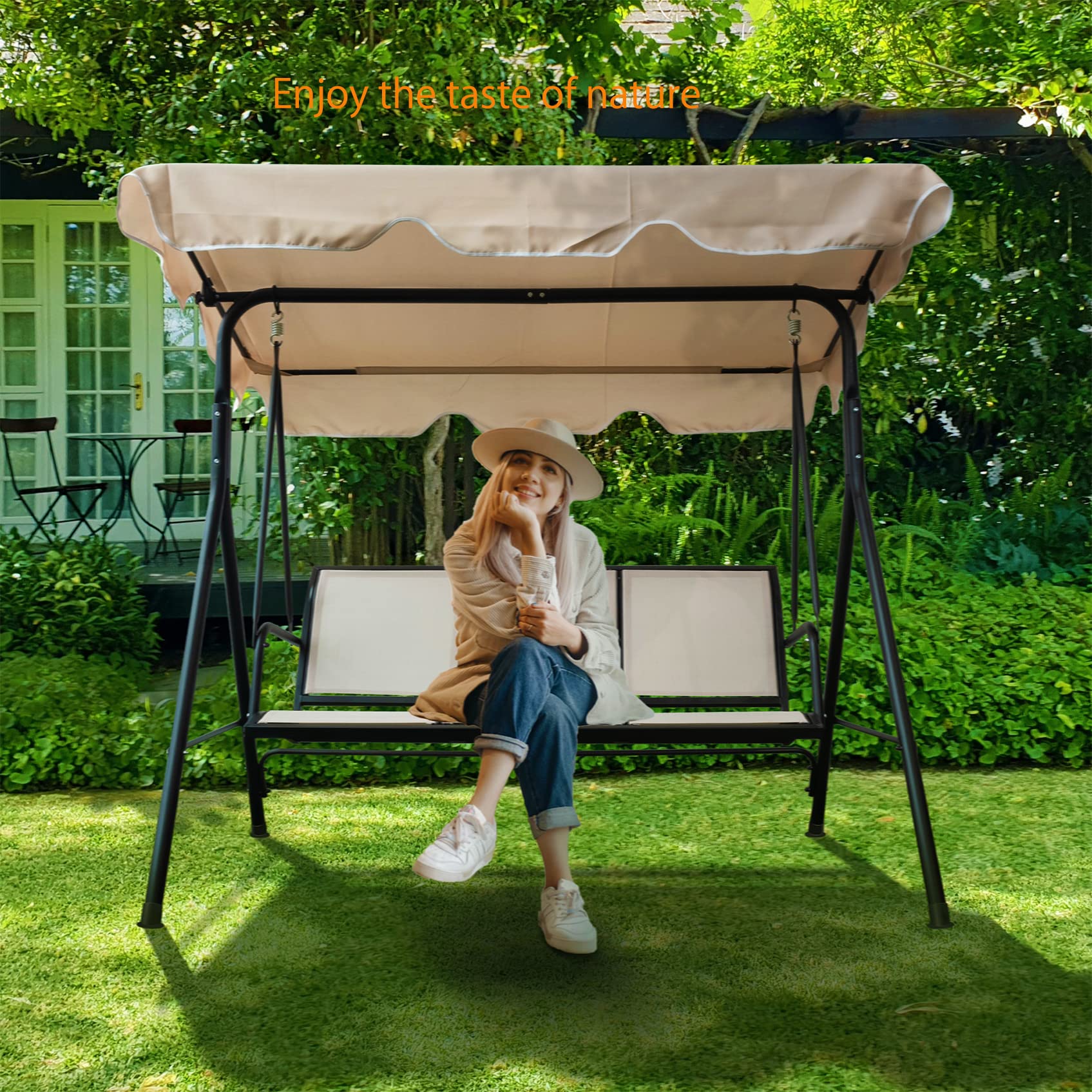 3-Person Porch Swing Chair with Canopy - Outdoor Patio Hammock Glider with Side Table & Cushions - Light Brown Loveseat Bench for Backyard, Garden, Deck - Perfect for Relaxing, Lounging & Enjoying Nature