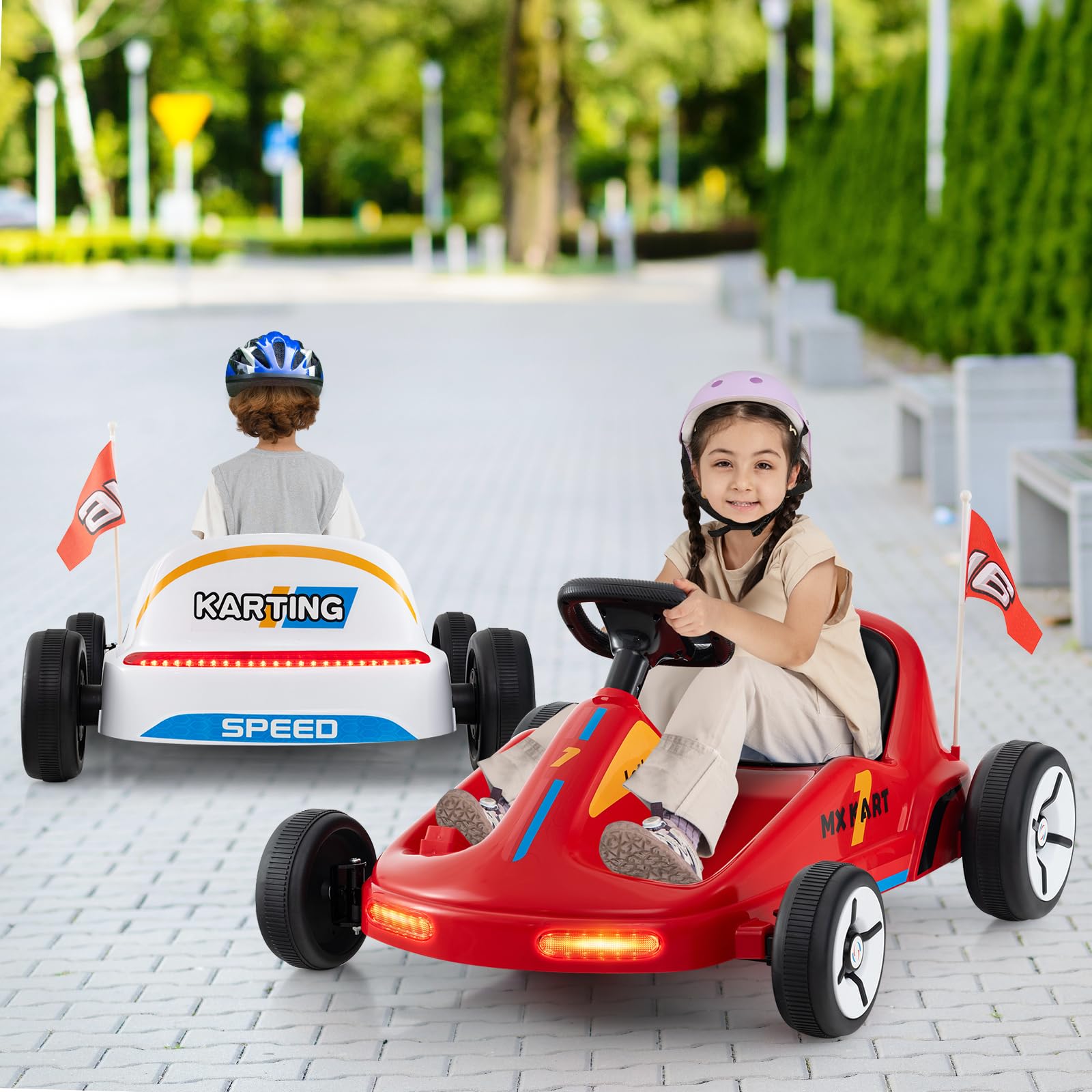 Costzon 12V Kids Electric Go Kart with Remote Control - 7AH Battery Powered Ride-On Toy Car for Ages 3+, LED Lights, Music & Story Mode - Perfect for Outdoor Play, Birthday Gifts & Backyard Racing (Red)