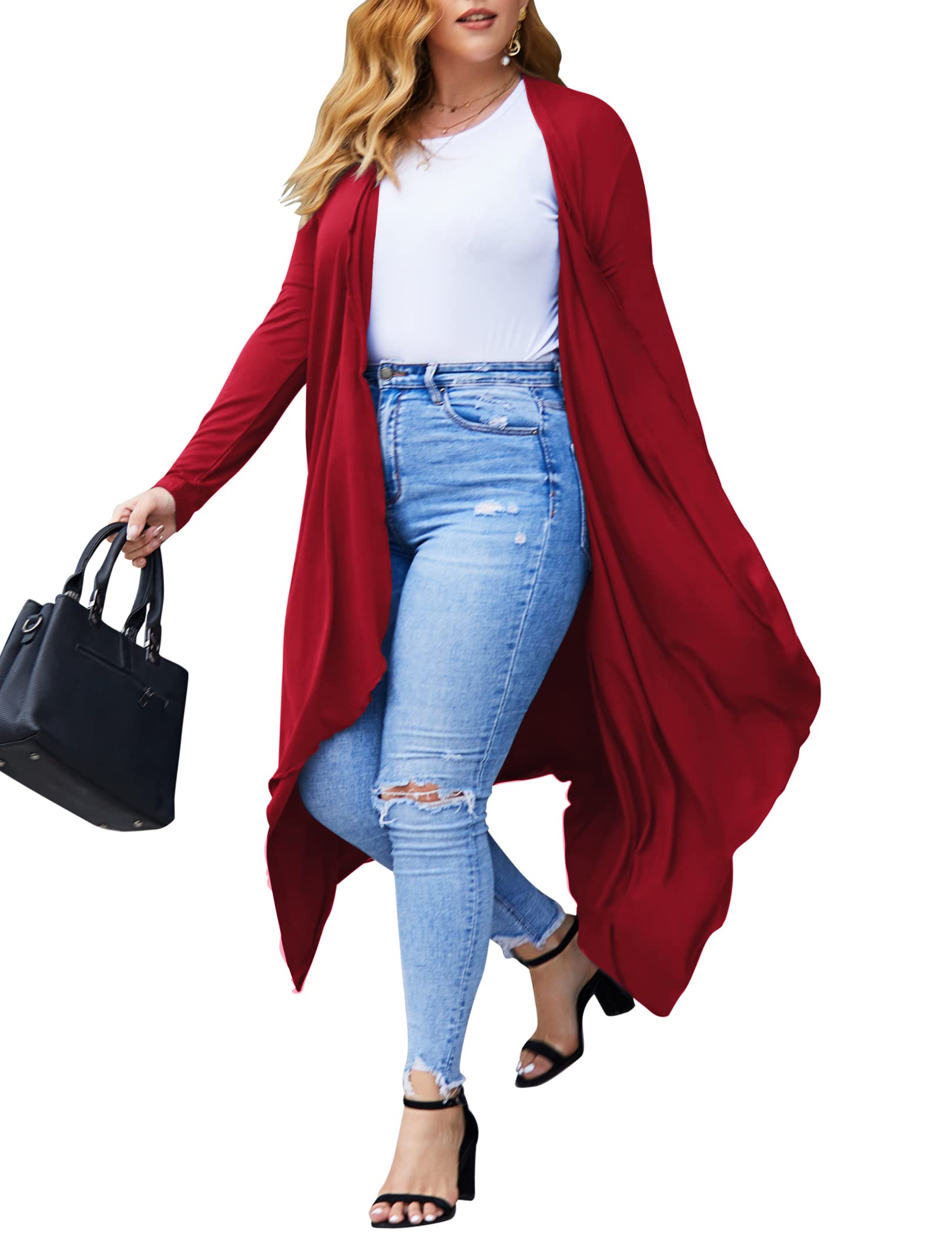 IN'VOLAND Plus Size Women's Long Sleeve Open Front Drape Cardigan - Lightweight Long Duster Sweater (Sizes L-5XL) for Casual Wear, Office Outfits & Layering in Fall/Winter