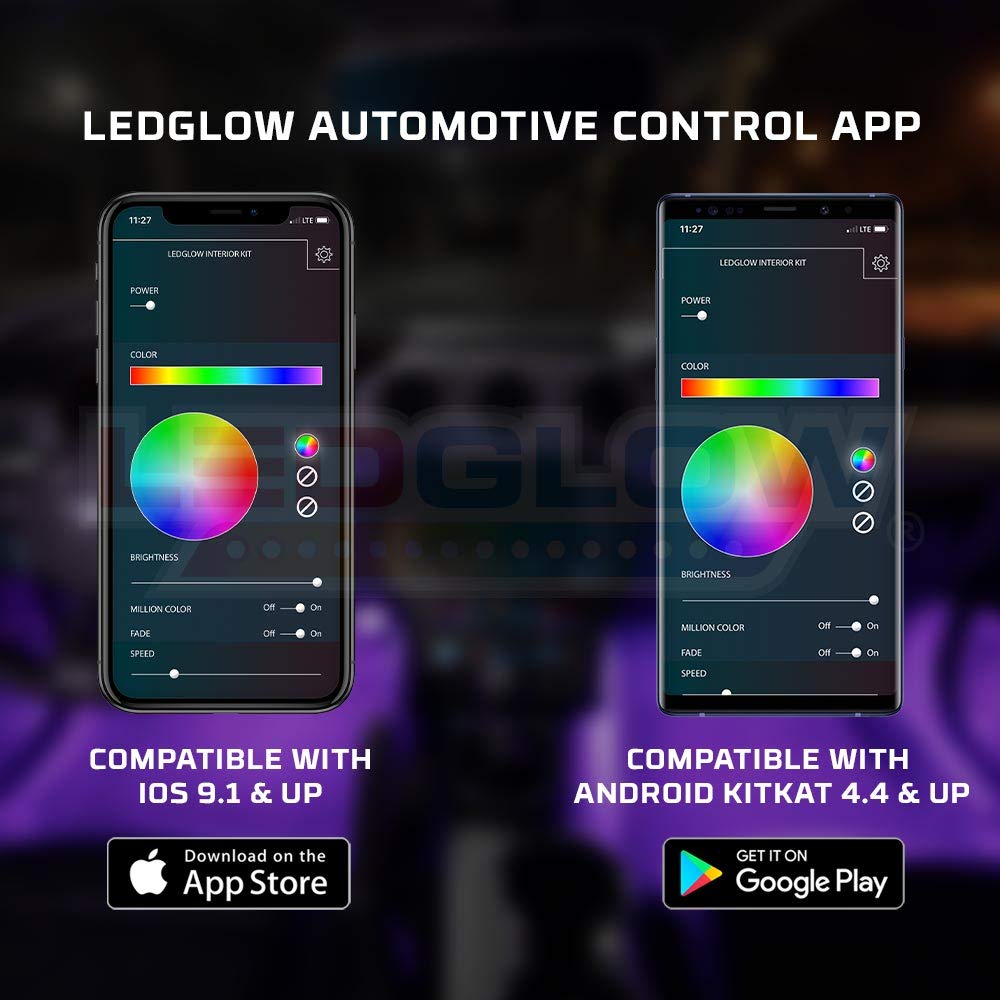 LEDGlow 8-Piece Bluetooth Multi-Color LED Interior Car Lighting Kit with Smartphone App - Customizable RGB Footwell & Underdash Neon Lights for Cars, Trucks & SUVs - Music Sync Mode & Universal Control Box - Perfect for Night Driving & Car Shows