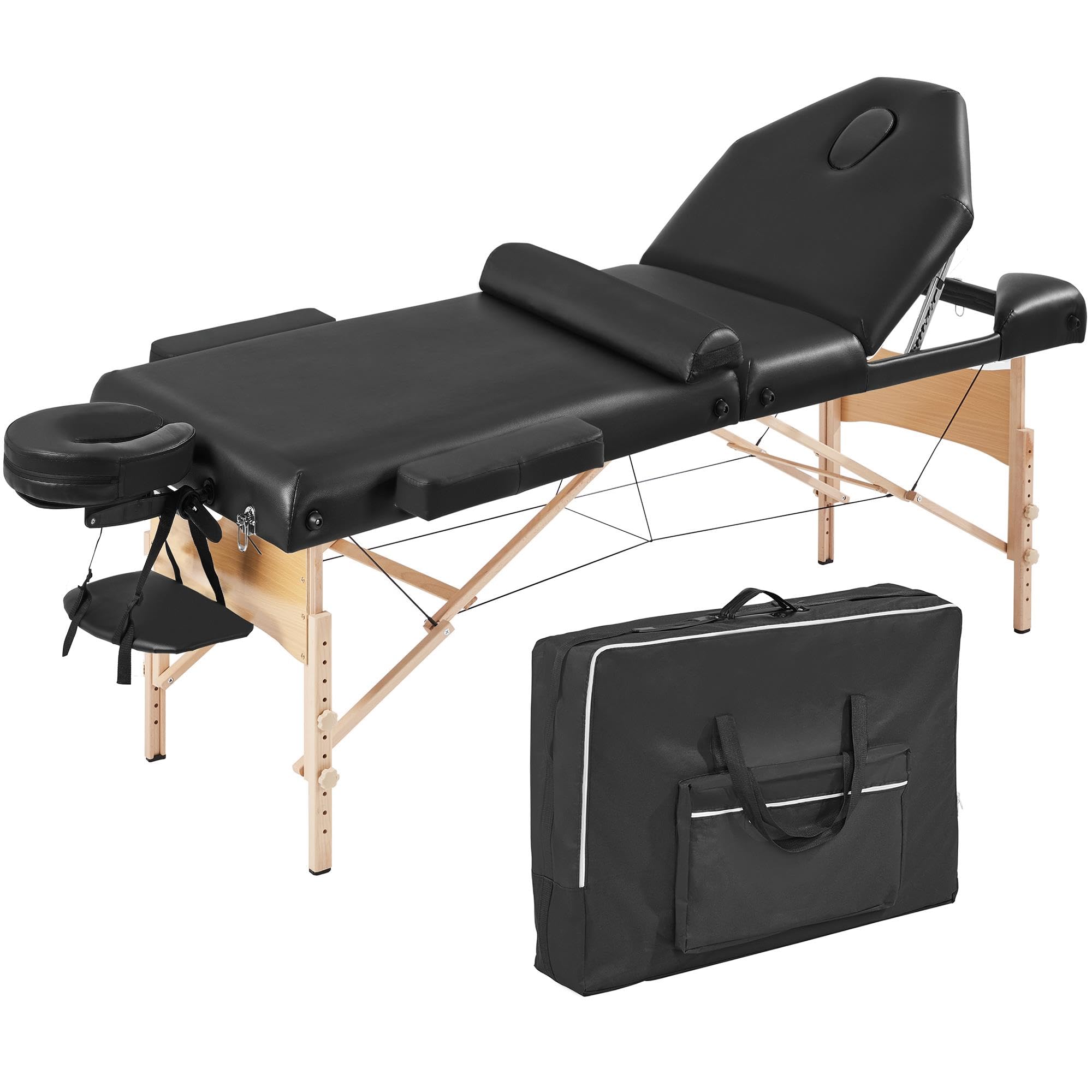 Yaheetech Portable Folding Massage Table - Professional Lash & Tattoo Bed with Adjustable Height, Bolster Pillow & Carrying Bag - Beauty Salon Facial Bed for Spa, Home Use (Black)