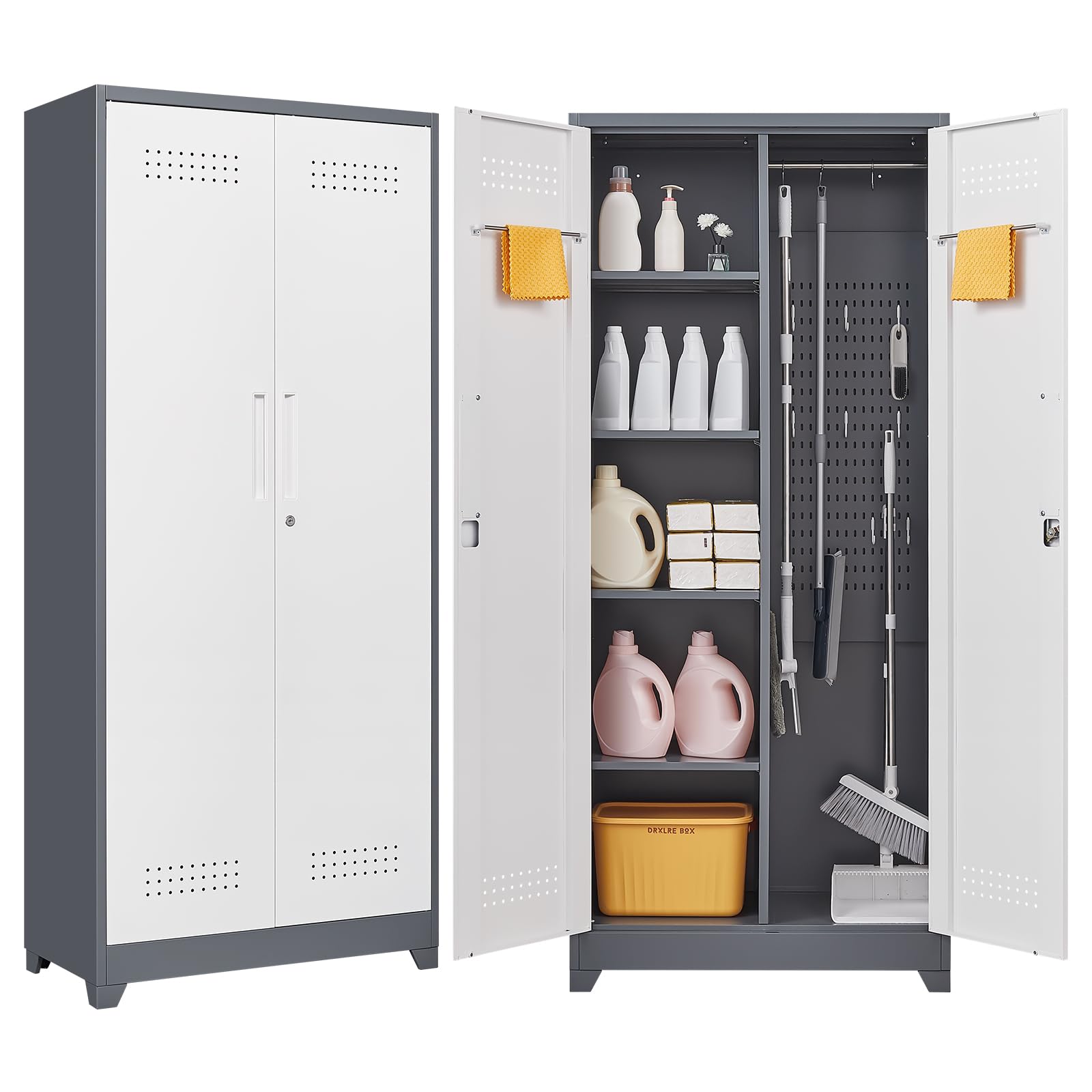 GREATMEET Metal Broom Closet with Pegboard & Hanging Rod - Cleaning Supplies Storage Cabinet with Lock for Utility Room, Garage & Laundry Room Organization