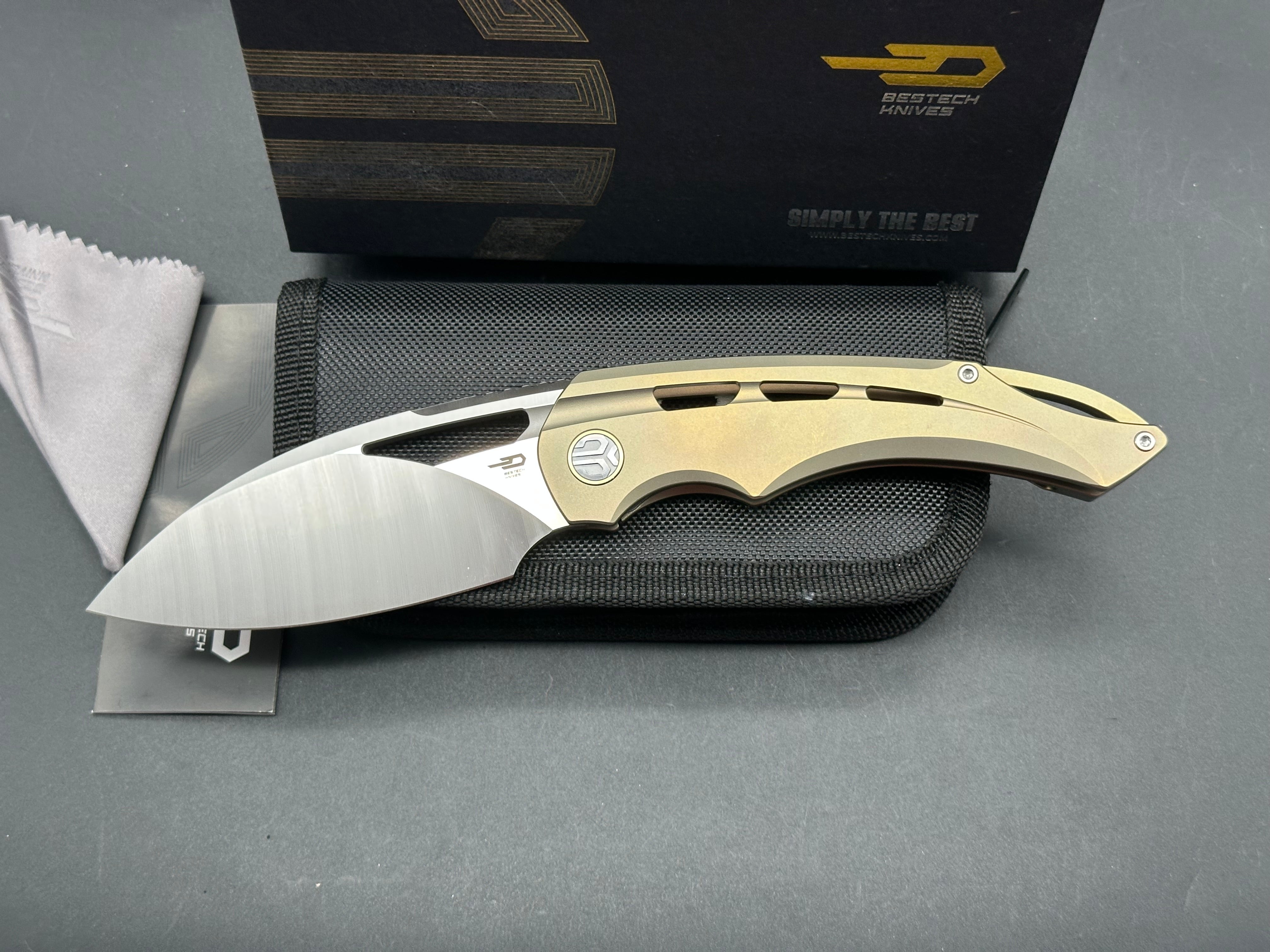 BESTECH Fairchild Folding Knife - Gold Titanium Handle, S35VN Steel Plain Edge, Satin Finish - EDC, Camping, Outdoor Survival & Everyday Carry Knife