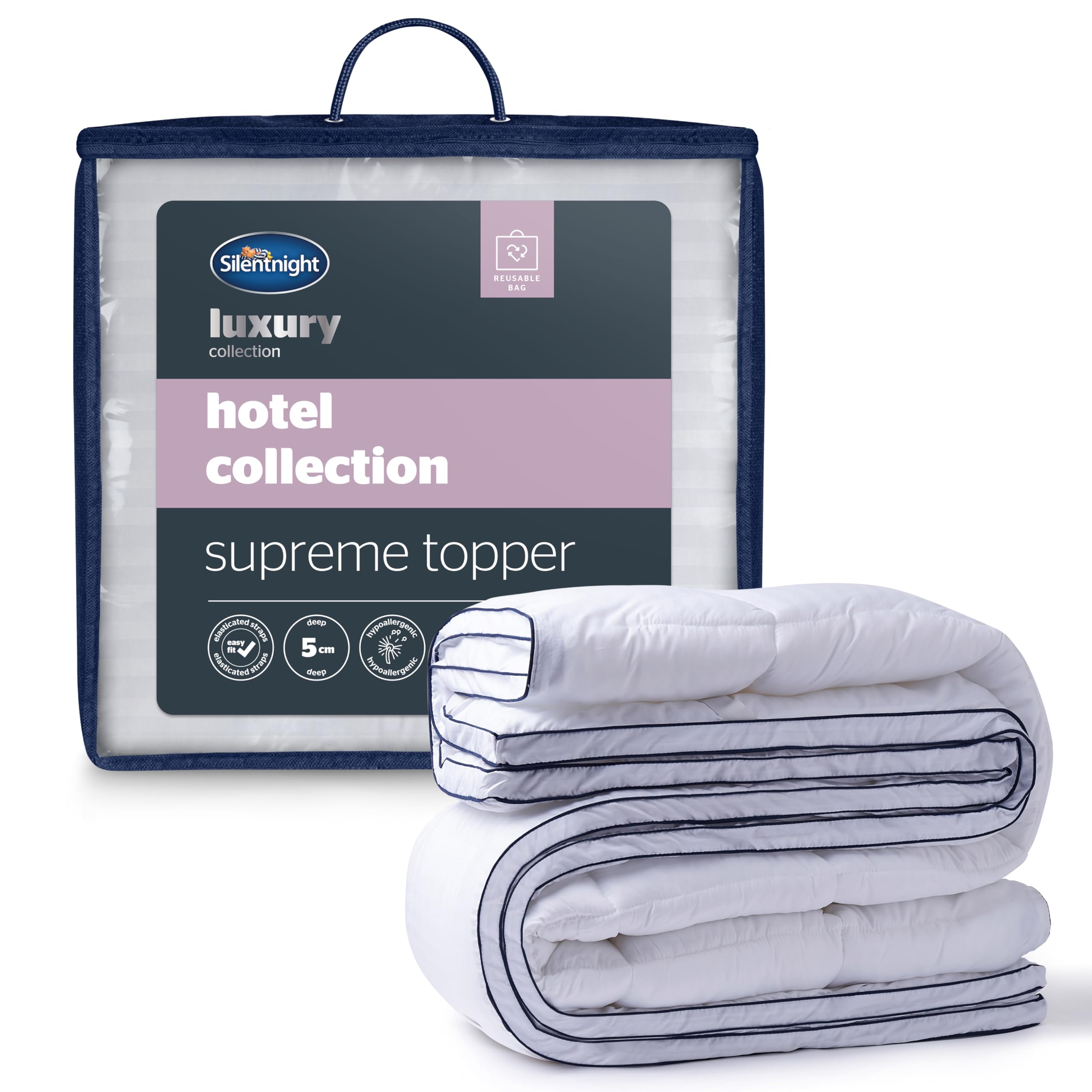 Luxury Silentnight Hotel Collection Mattress Topper - 5cm Thick Double Bed Topper with Silky Soft Cover & Elastic Straps (190x135cm) - Perfect for Guest Rooms, Dorms & Home Comfort Upgrade