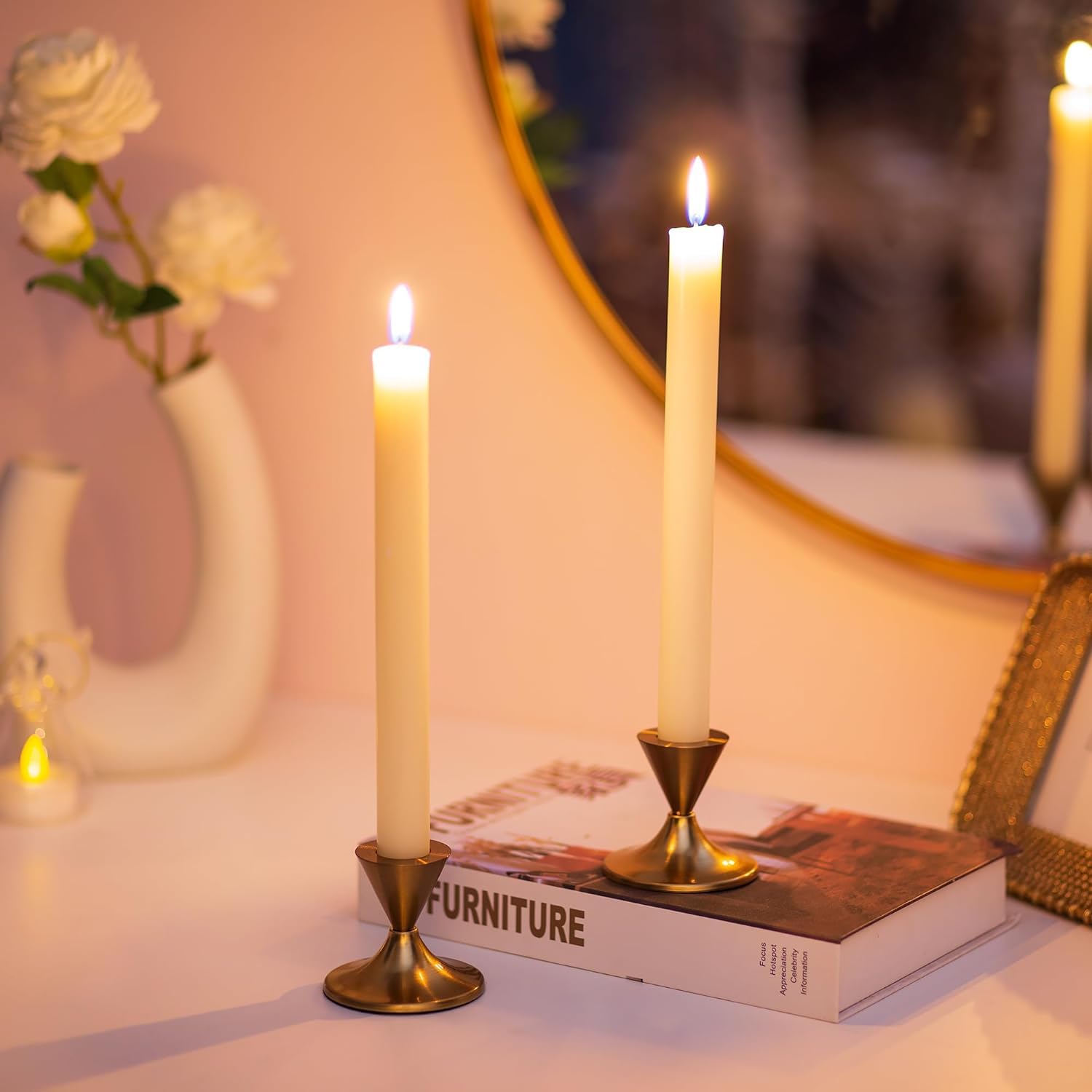 Romadedi 2-Piece Gold Brass Candlestick Holders for Taper Candles - Elegant Table Centerpiece for Weddings, Christmas Mantel Decor & Home Decoration - Perfect for Dining Tables, Fireplace Displays & Holiday Celebrations