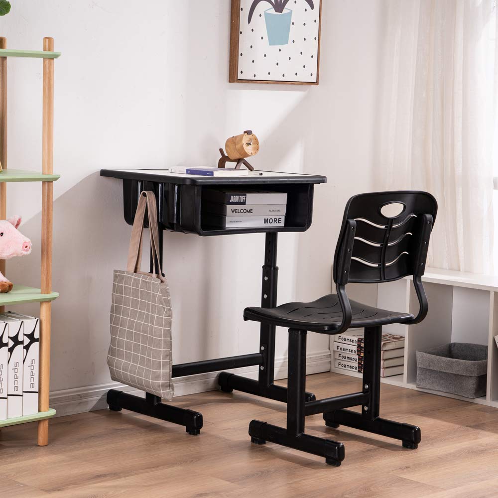 Adjustable Height Student Desk and Chair Set with Drawer, Pencil Grooves & Hooks - Ergonomic Study Workstation for Kids, Teens - Perfect for Home, School & Online Learning (Black & White)