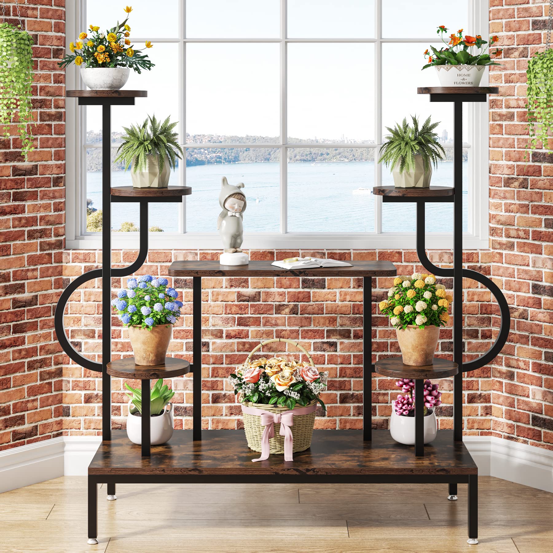 Tribesigns 8-Tier Metal Plant Stand - Tall Indoor/Outdoor Plant Shelf with Round & Square Boards for Multiple Plants - Rustic Brown & Black Flower Rack for Living Room, Patio, Balcony - Perfect for Home Decor, Garden Display & Small Space Organization