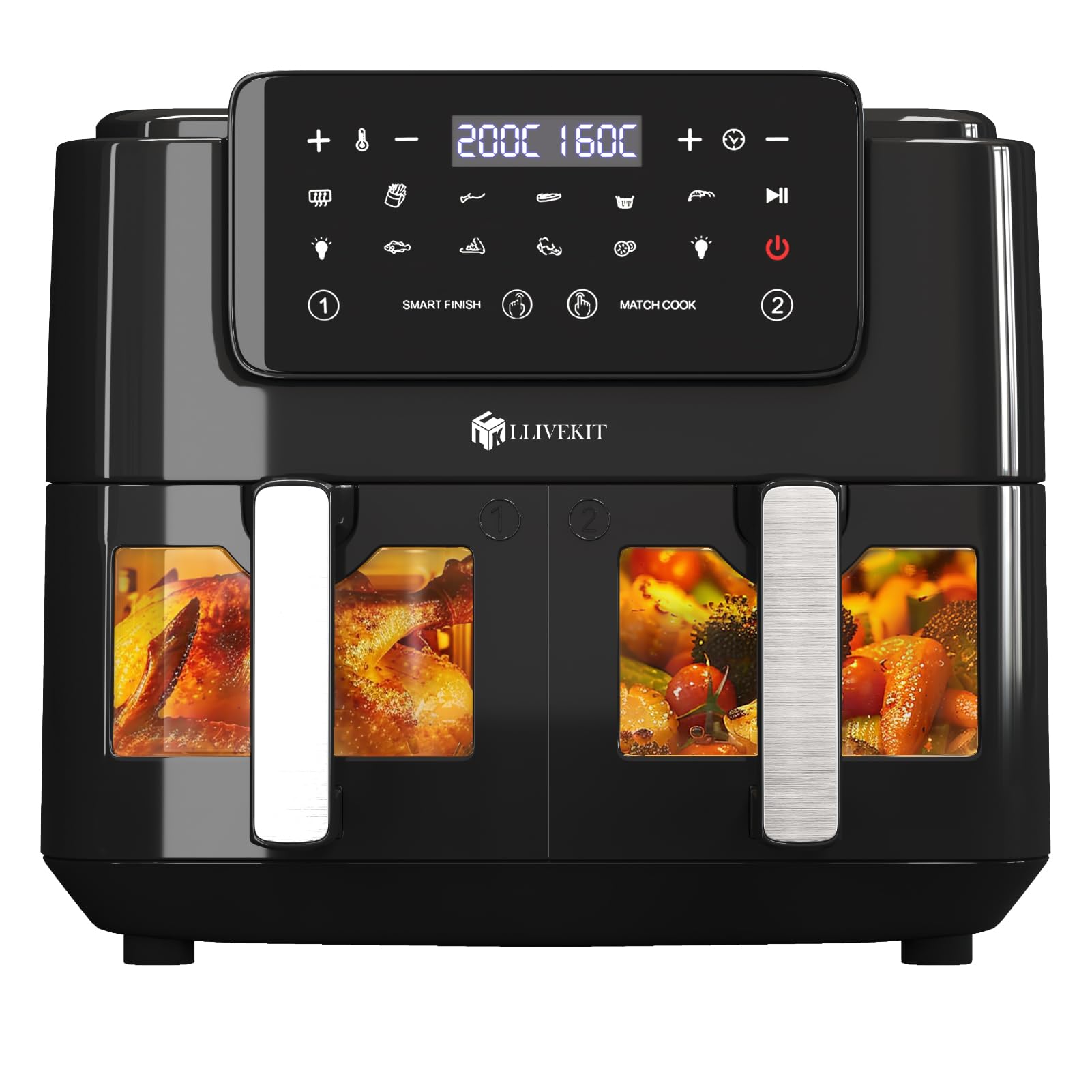 LLIVEKIT 9L Dual Drawer Air Fryer with LED Touch Panel, 9 Preset Menus, Non-Stick Baskets & Grids, Match Cook & Smart Finish Functions, 2400W, Black – Perfect for Family Cooking, Healthy Meals, and Quick Snacks