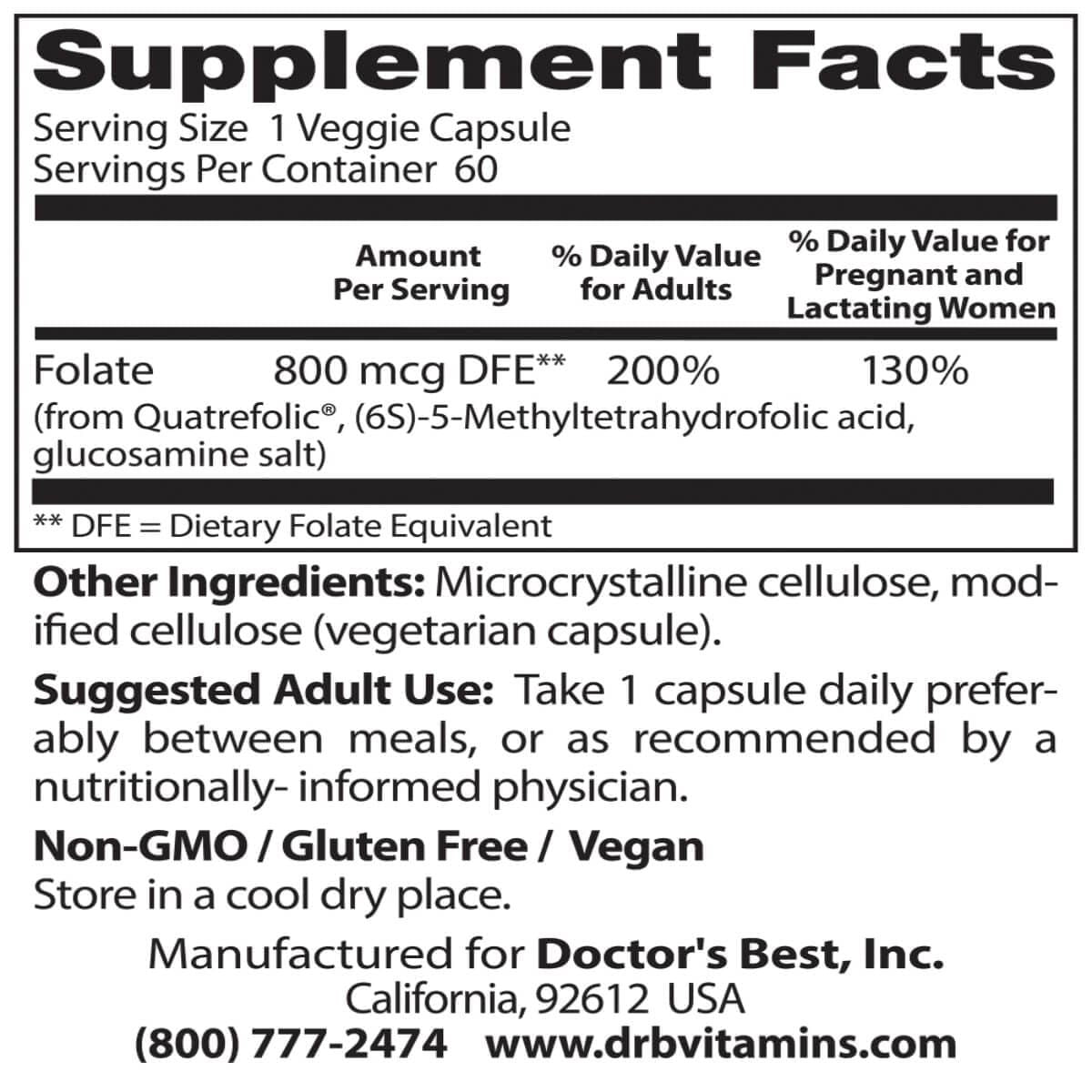 Doctor's Best Fully Active Folate 800 - 800mcg Methylfolate Supplement | 60 Vegan Capsules | Supports Heart Health & Pregnancy Nutrition | Prenatal & Postnatal Care