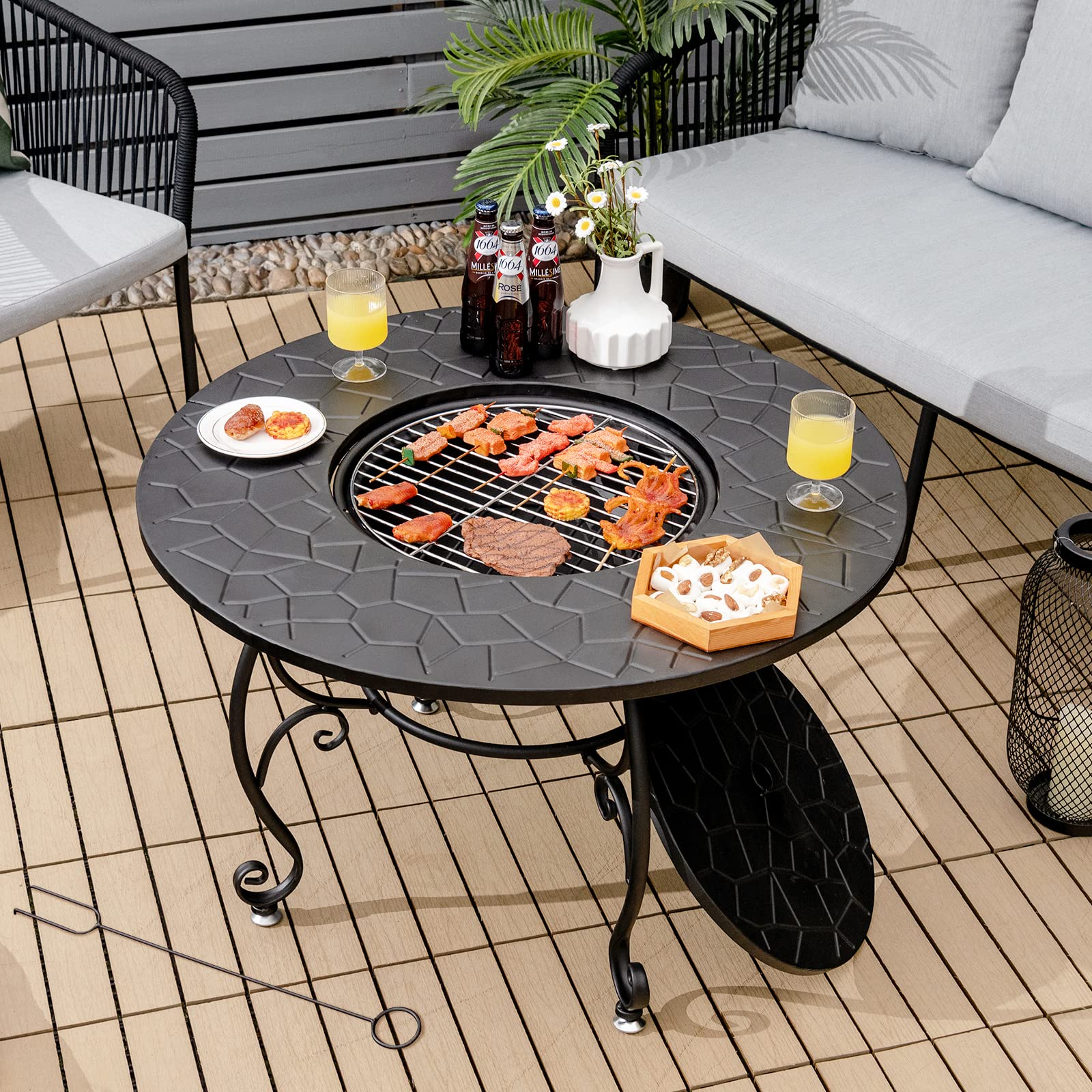 Giantex 36 Inch 4-in-1 Outdoor Fire Pit Table - Round Metal Patio Dining Table with Wood Burning Fire Pit, Cover, Grill Grate & Poker - Perfect for Backyard, Garden, Poolside & Outdoor Gatherings