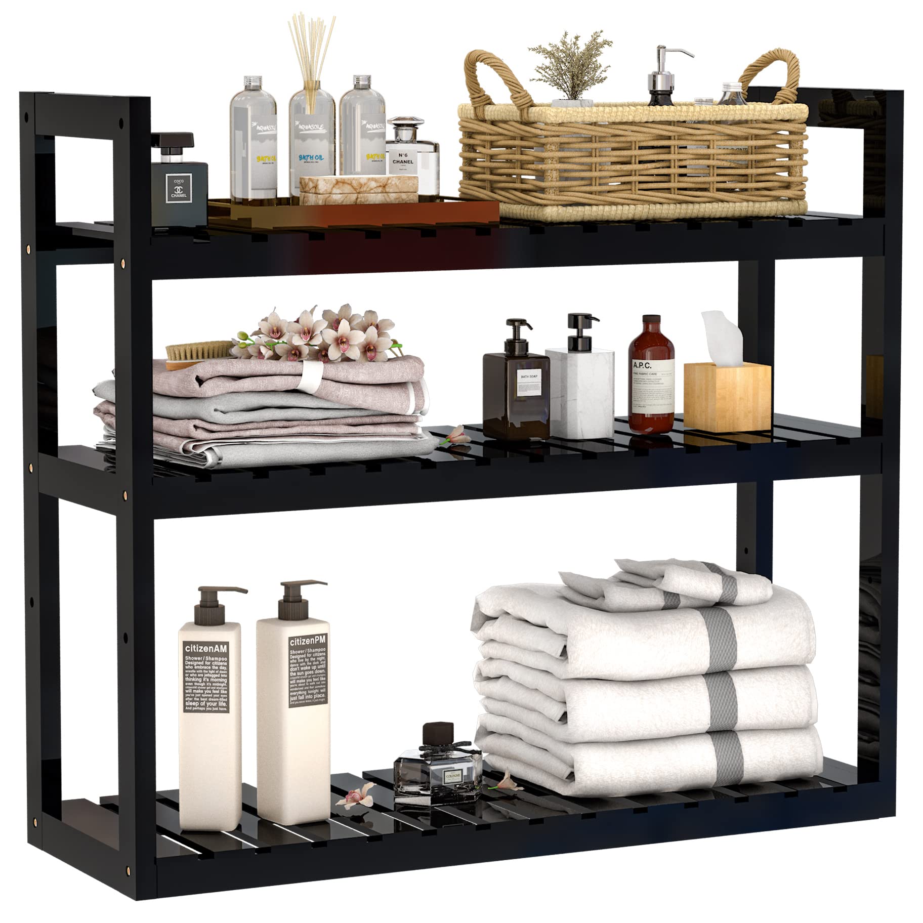3-Tier Adjustable Bamboo Bathroom Shelf Organizer - Wall Mounted Over Toilet Storage Rack for Bathroom, Kitchen & Living Room - Space Saving Home Organization Solution (Black) - Perfect for Storing Towels, Toiletries & Decor Items