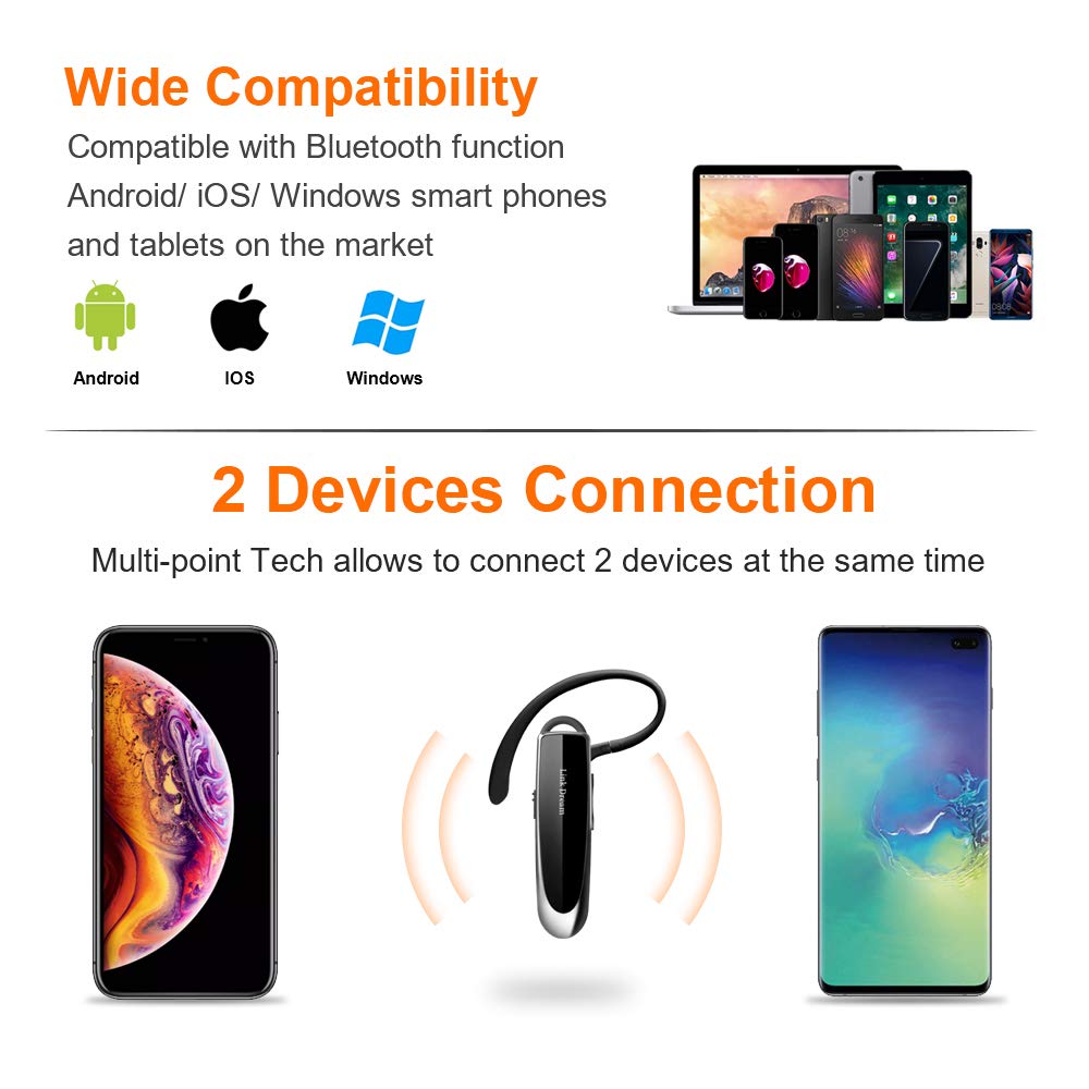 Link Dream Bluetooth Earpiece Wireless Headset with Noise Cancelling Mic - 24Hrs Talk Time & 1440Hrs Standby - Compatible with iPhone & Android - Perfect for Drivers, Truckers & Office Workers (2 Pack) - Hands-Free Calling for Safe Driving & Business Communication