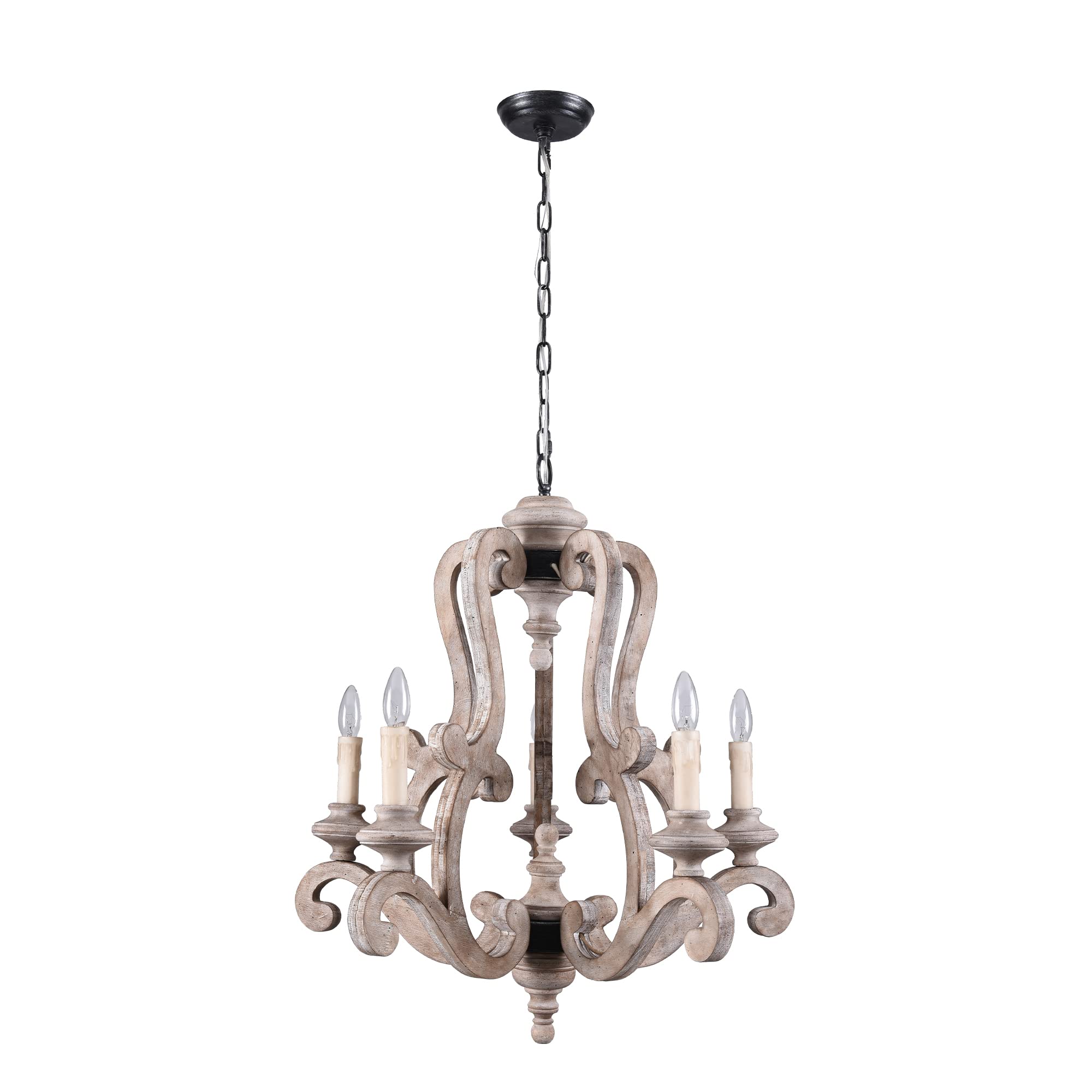 French Country Farmhouse Chandelier - 5-Light Candle Style Empire Pendant Light with Wood Accents - Antique Weathered Wood Finish - Perfect for Living Room, Dining Room & Bedroom Lighting