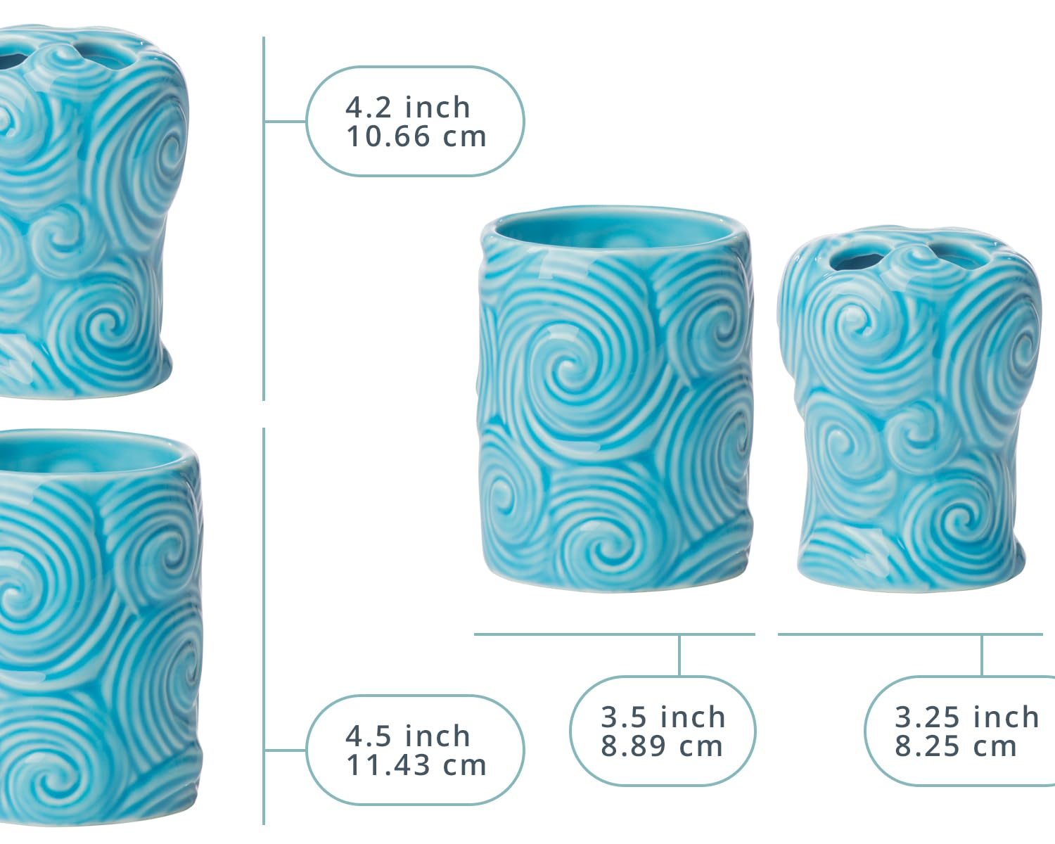 Luxury 4-Piece Bathroom Set - Porcelain Soap Dispenser, Toothbrush Holder, Tumbler & Soap Dish - Glossy Aqua Blue Ocean Waves Design - 15.6oz Capacity - Perfect for Bathroom Organization & Spa-Like Decor