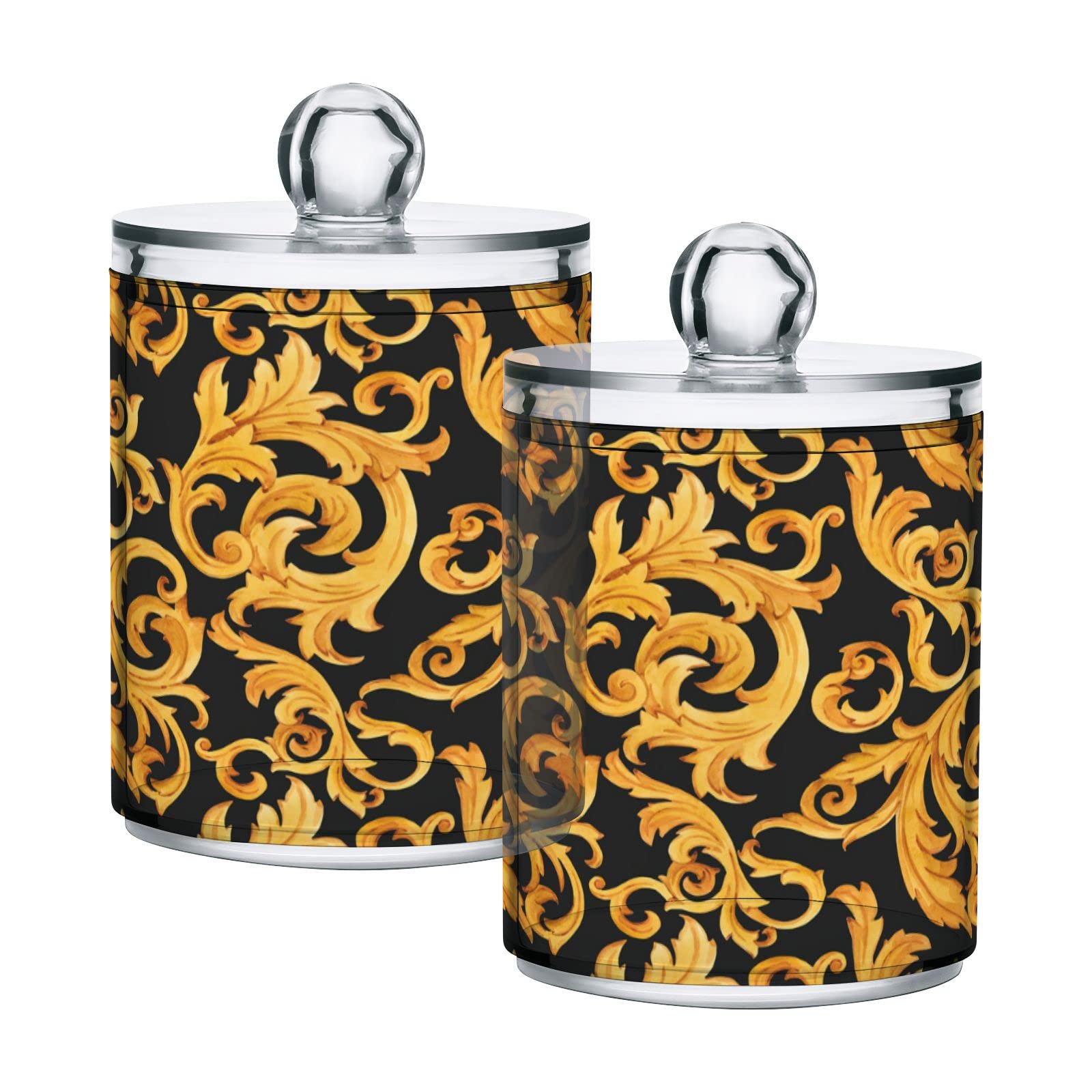 Premium Black Plastic Storage Jars with Golden Baroque Lids - Set of 2 (10oz Translucent Food Containers) for Cotton Swabs, Tea, Cookies & Dry Food Storage | Elegant Kitchen Organization & Pantry Canning Solutions