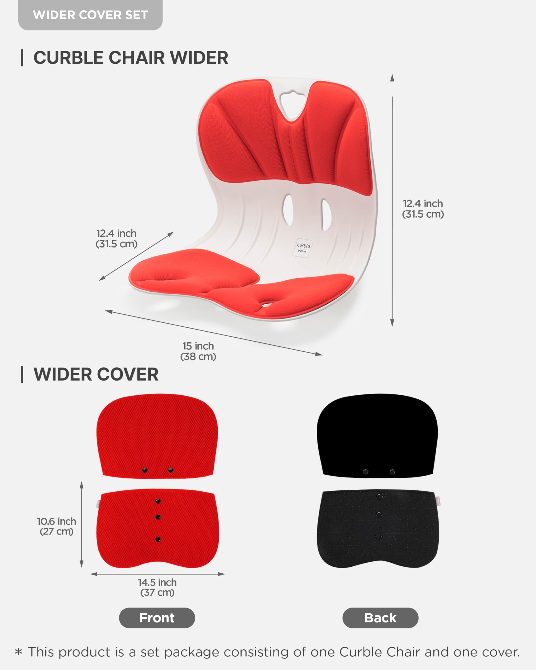 Curble WIDER Standard Wide Cover Set - Detachable Lumbar Support Chair Cover for Back Pain Relief & Posture Correction (Red) - Ideal for Office, Gaming & Ergonomic Home Use