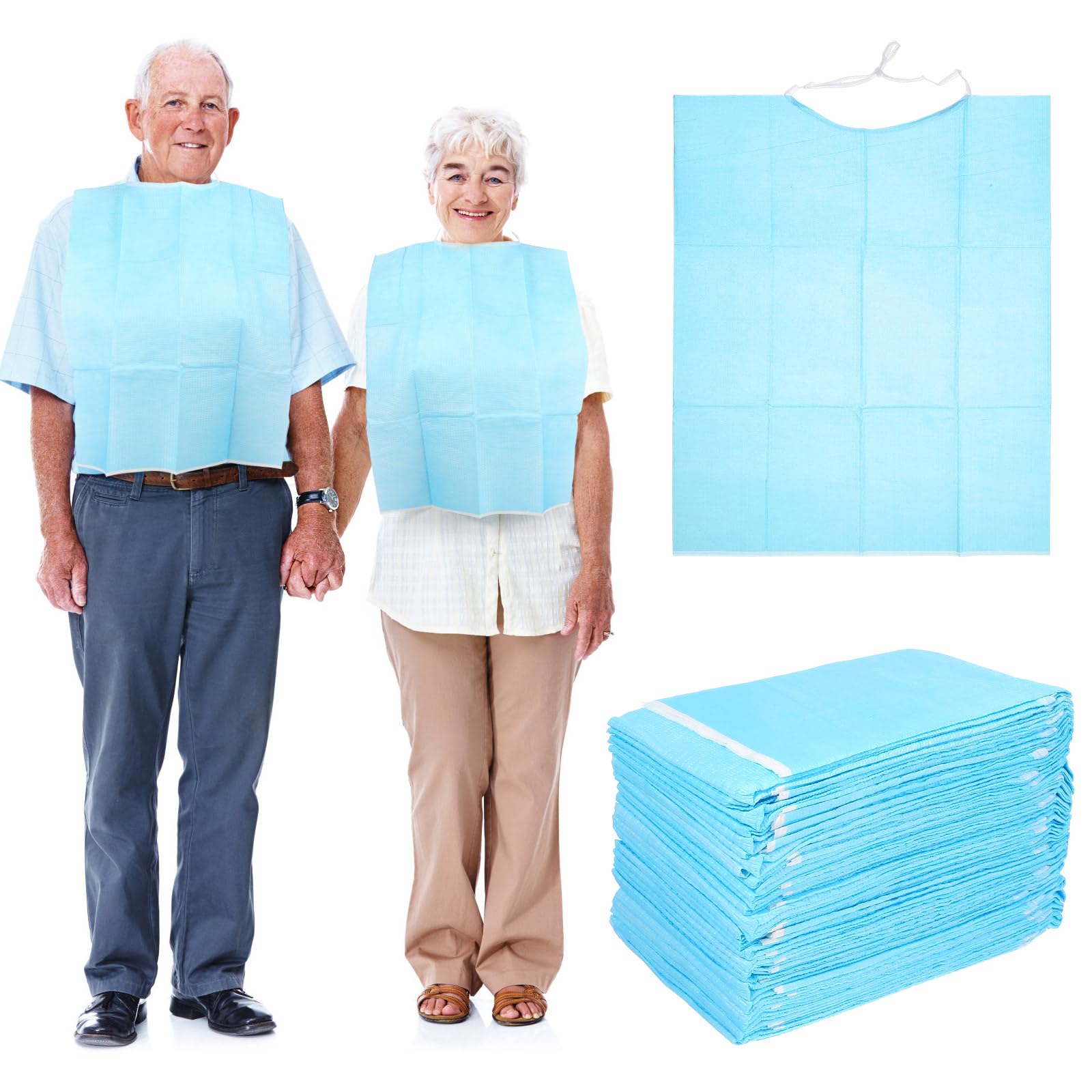 Beavorty 30Pcs Disposable Adult Bibs - Food & Crumb Catcher Bibs for Seniors, Elderly & Disabled - Blue Apron Clothing Protectors for Mealtime, Dining & Caregiving