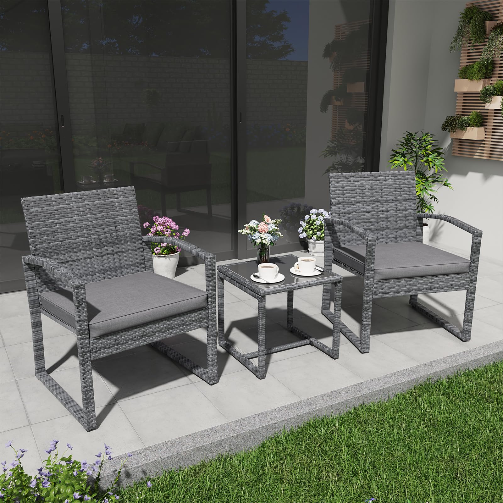 **Patiorama 3-Piece Outdoor Rattan Patio Furniture Set with Coffee Table - Dark Grey Conversation Set for Garden, Balcony, Backyard, Poolside | Perfect for Relaxing, Entertaining & Outdoor Gatherings**