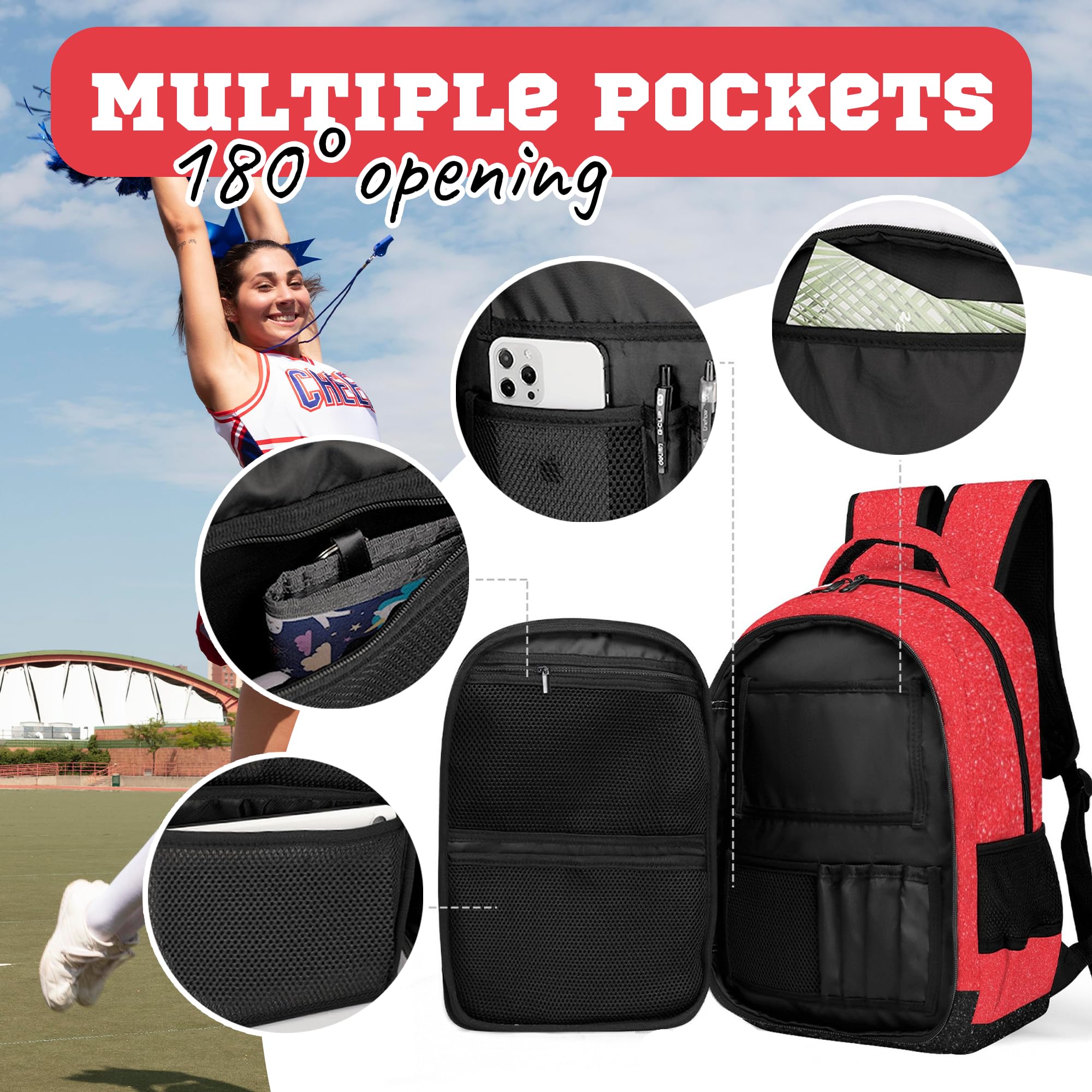 Cheerleader Backpack for Women & Teams - Durable Cheerleading Sports Bag with Adjustable Straps (Red) - Perfect for Gym, Practice, Competitions & School