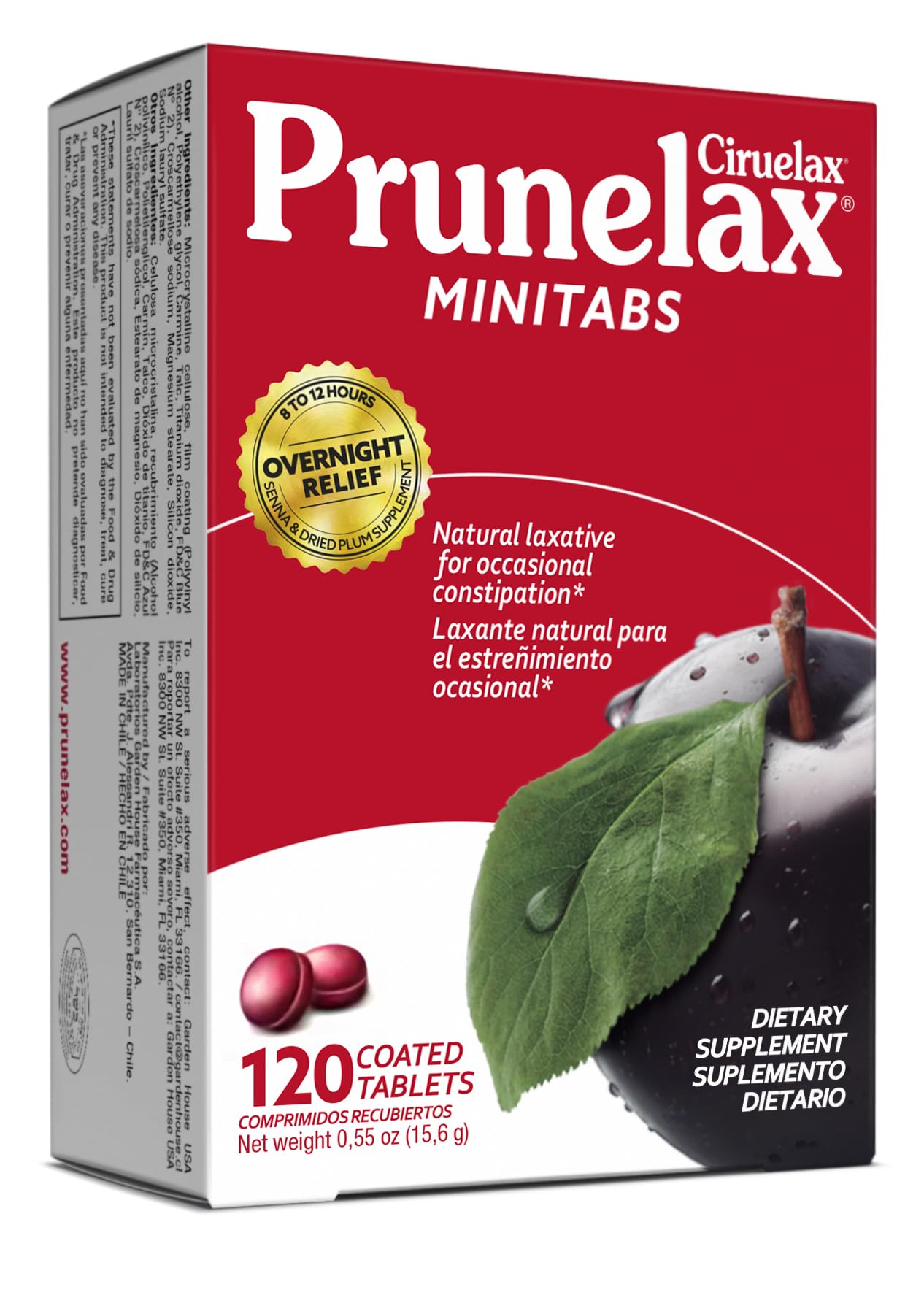 Prunelax Ciruelax Regular Strength Laxative Mini Tablets - 120 Count | Overnight Relief for Occasional Constipation | Senna Extract, Vegan & Gluten-Free Formula | Gentle Digestive Support | Perfect for Travel, Post-Surgery Recovery & Daily Wellness