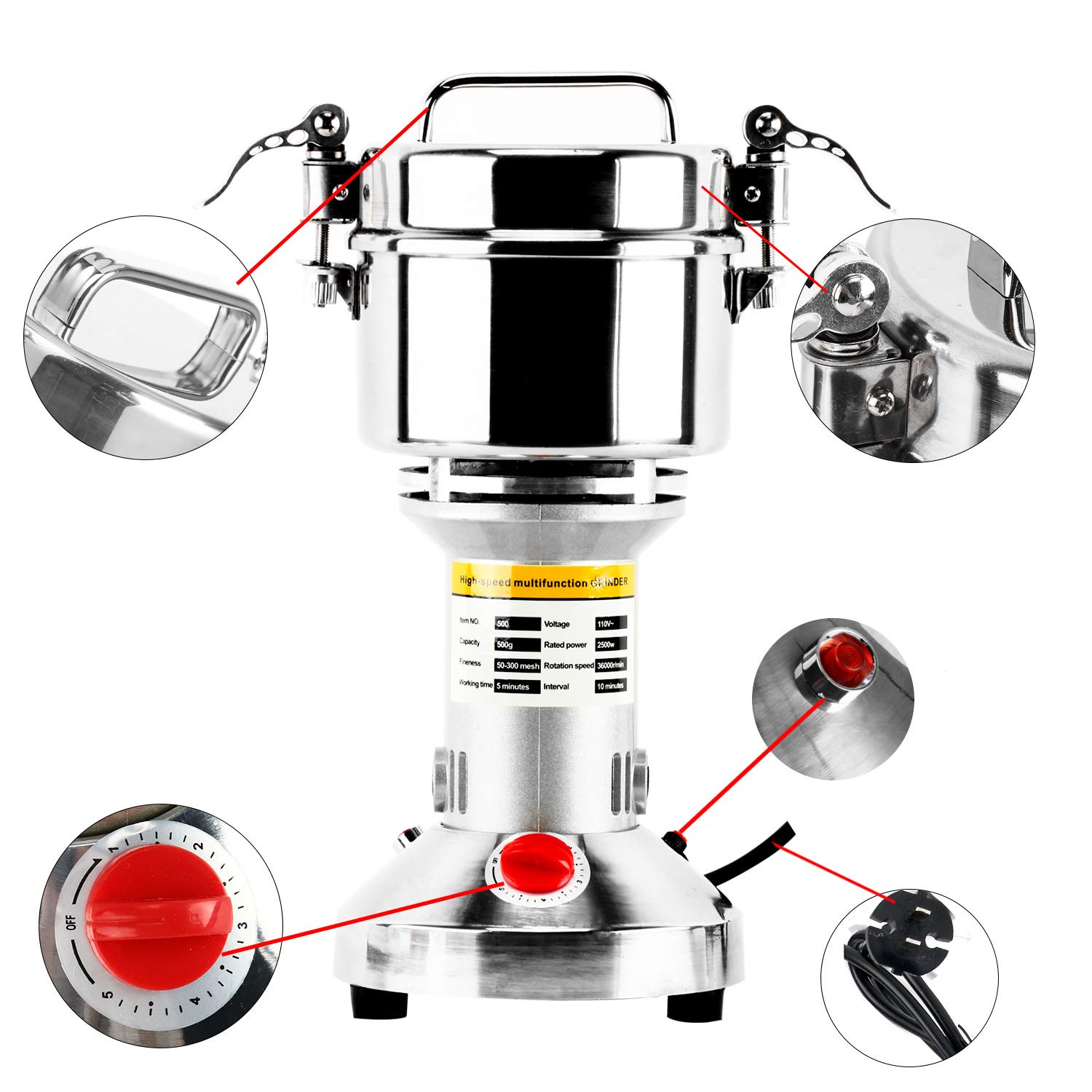 500g Commercial Electric Grain Mill Grinder - 2500W High-Speed Stainless Steel Powder Machine for Spices, Herbs, Coffee & Pepper - 70-300 Mesh, 36000 RPM - Perfect for Home Kitchens, Bakeries & Coffee Shops