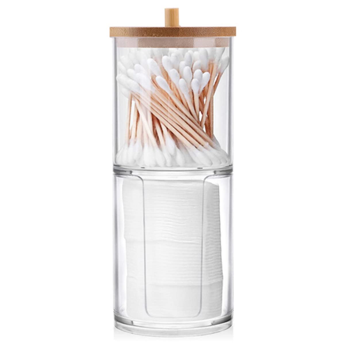Premium Cotton Wool Pads & Q-tip Storage Box with Bamboo Lid - 2-in-1 Cosmetic Organizer for Bathroom & Dressing Table | Makeup Container, Cotton Swab Dispenser & Ear Bud Jar for Home & Salon Use