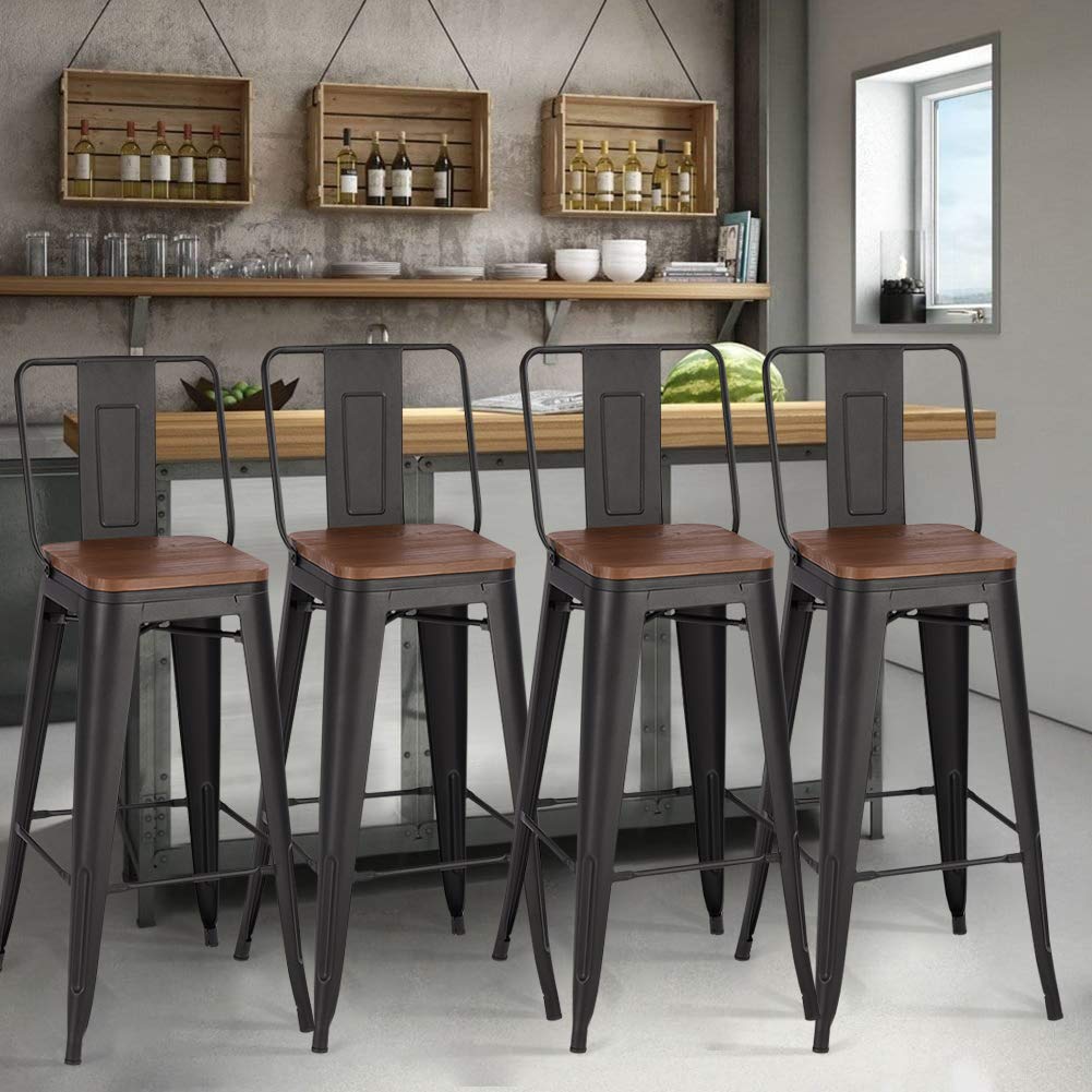 Warmiehomy Industrial Vintage Bar Stools Set of 4 - Tall Metal Frame & Solid Wood Seat with Backrest - Black Kitchen Bar Chairs for Dining Room, Pub, Cafe, Bistro | Perfect for Home Bars, Restaurant Seating & Commercial Use