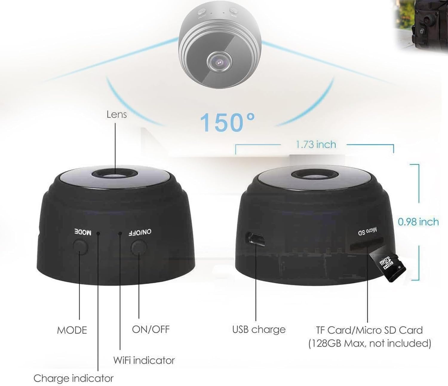 Vista Focus Magnetic Mini Security Camera - 1080P HD Wireless, 360° View, App Controlled, Smart Motion Detection - Indoor/Outdoor Use for Home, Office, Baby Monitor (Black)
