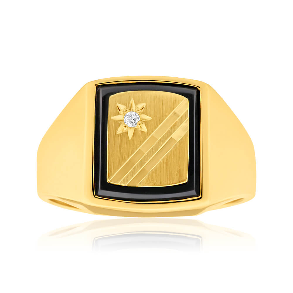 9ct Radiant Yellow Gold Diamond & Onyx Ring - Elegant Jewelry for Women, Perfect for Weddings, Anniversaries & Special Occasions