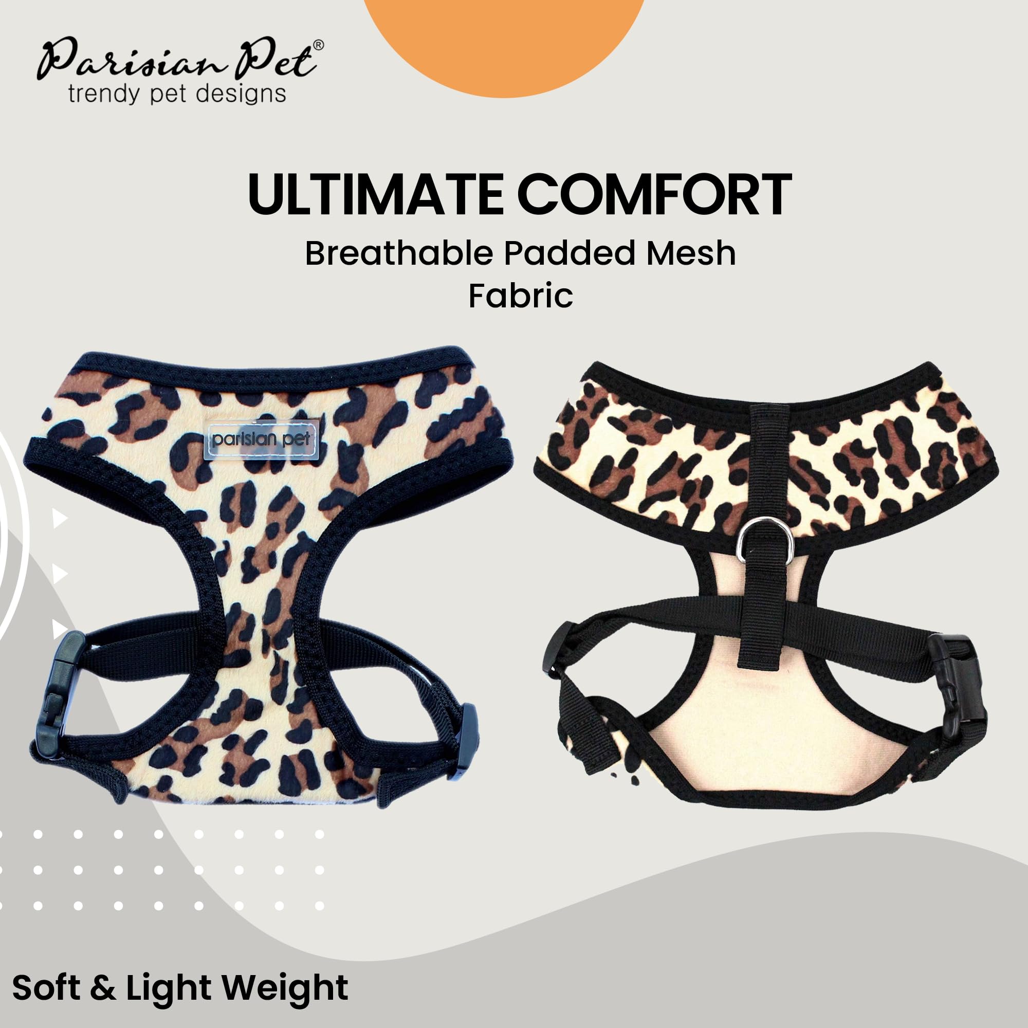 Parisian Pet Freedom Adjustable Dog Harness - Leopard Print Mesh Vest for Small Dogs & Puppies (XS) - Breathable & Comfortable for Outdoor Walking, Hiking & Adventures