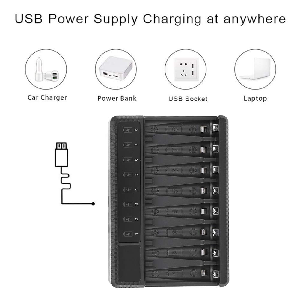 SEIVI 8-Slot Smart USB Battery Charger for NiMH & NiCd AA AAA Rechargeable Batteries - Portable Travel & Household Charging with LCD Display - Perfect for Cameras, Toys, Remote Controls & Electronics