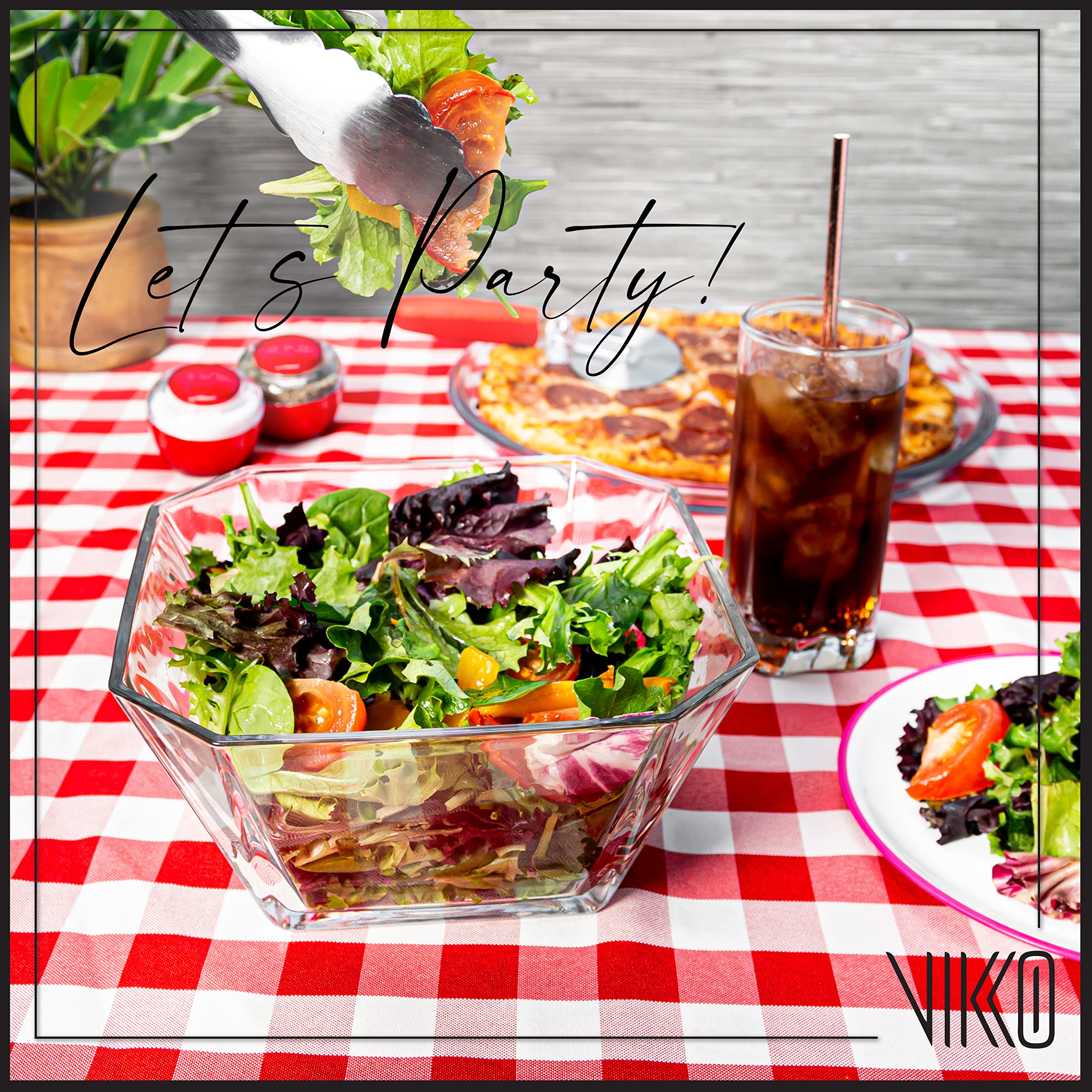 Vikko Glass Salad Bowls - 64oz Thick Square Clear Glass Serving Bowls for Snacks, Fruits, Salads & Entertaining - 2 Quart Decorative Bowl for Kitchen, Dining Table & Party Serving (Set of 2)