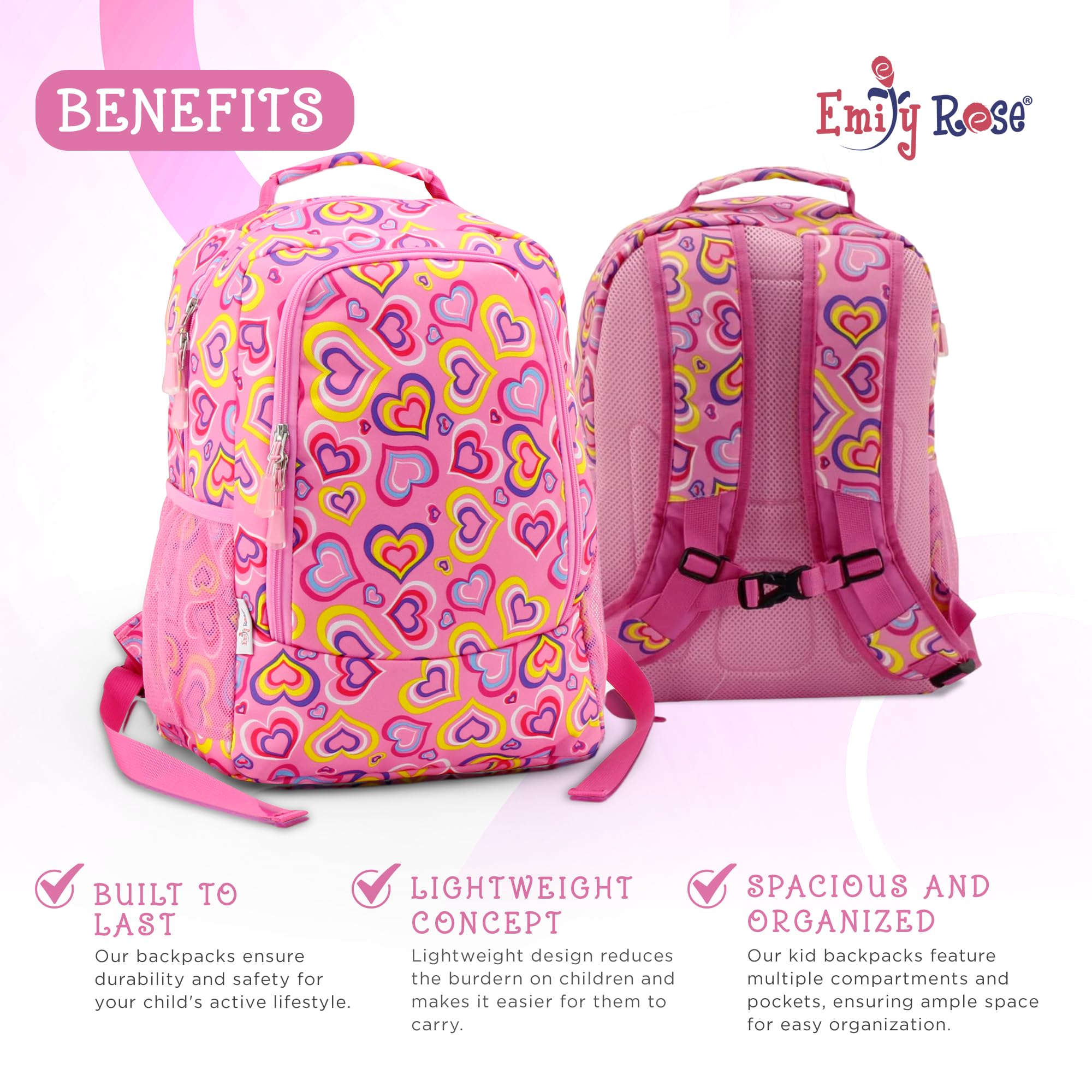 Emily Rose Kids Backpack 16 Inch - School Bookbag for Elementary & Kindergarten Girls with Notebook & Pencils - Cute Playful Hearts Design - Perfect for School, Travel, Daycare & Outdoor Adventures