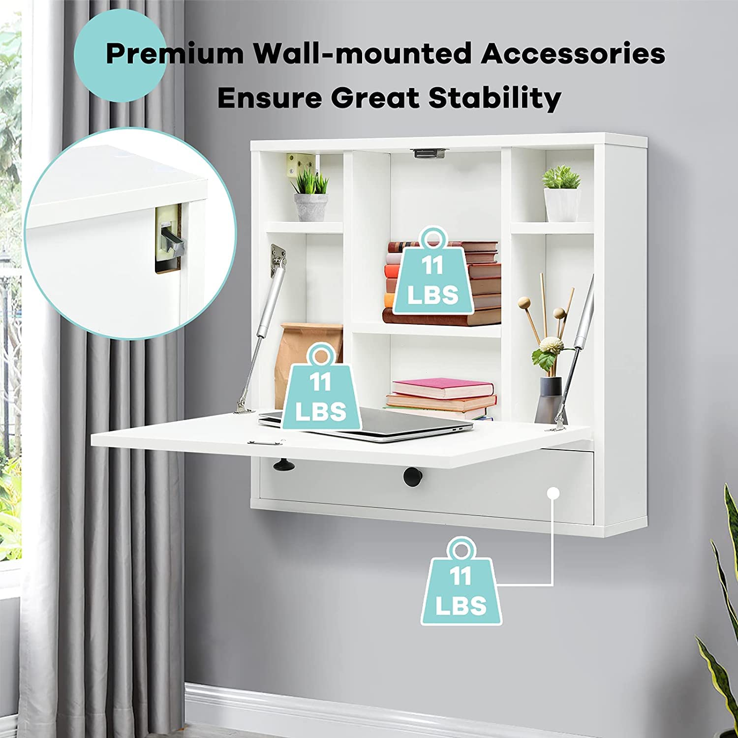 CHEFJOY 2-in-1 Floating Wall Mounted Desk with Foldable Tabletop & Storage Compartments - Space Saving Fold Down Laptop Desk for Home Office, Bedroom & Small Spaces (White) - Perfect for Remote Work, Study Nook & Compact Living Areas