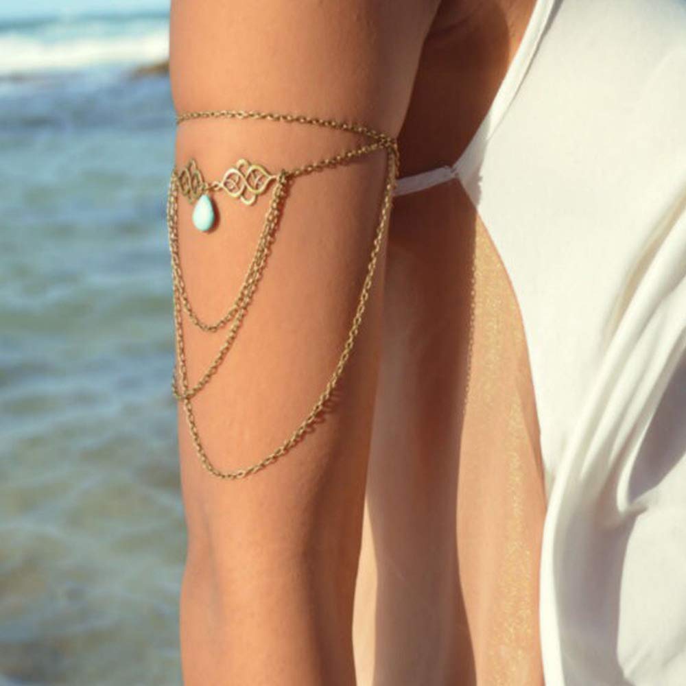 Bohemian Layered Arm Chain Turquoise Upper Armlet Lariat Tassel Multi-Layered Arm Cuff - Silver Boho Summer Beach Jewelry for Women | Perfect for Music Festivals, Beach Parties & Boho Fashion