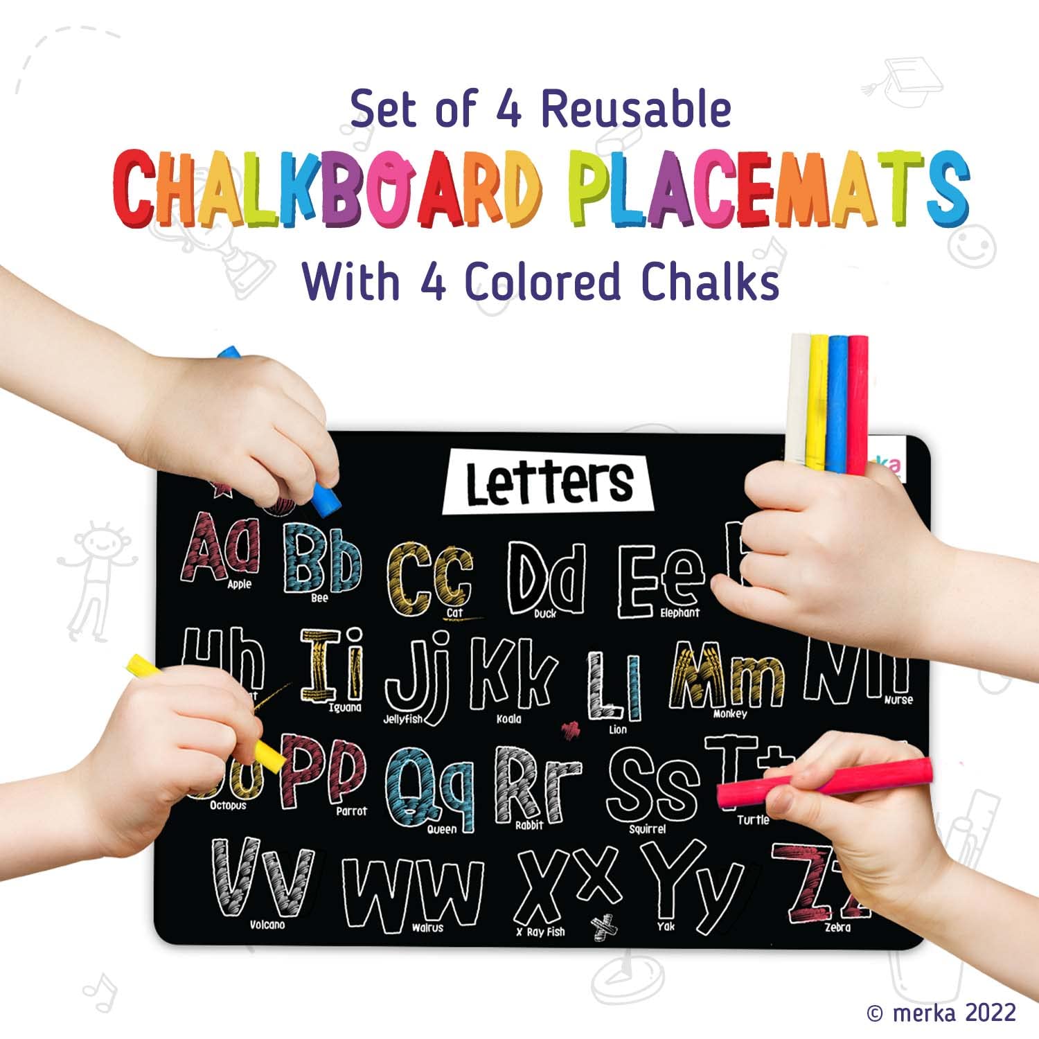 merka Kids Reusable Coloring Placemats Set of 4 - Space Theme with Astronauts, Spaceships & Alphabet - Includes 4 Colored Chalks | Perfect for Dining, Learning & Creative Play