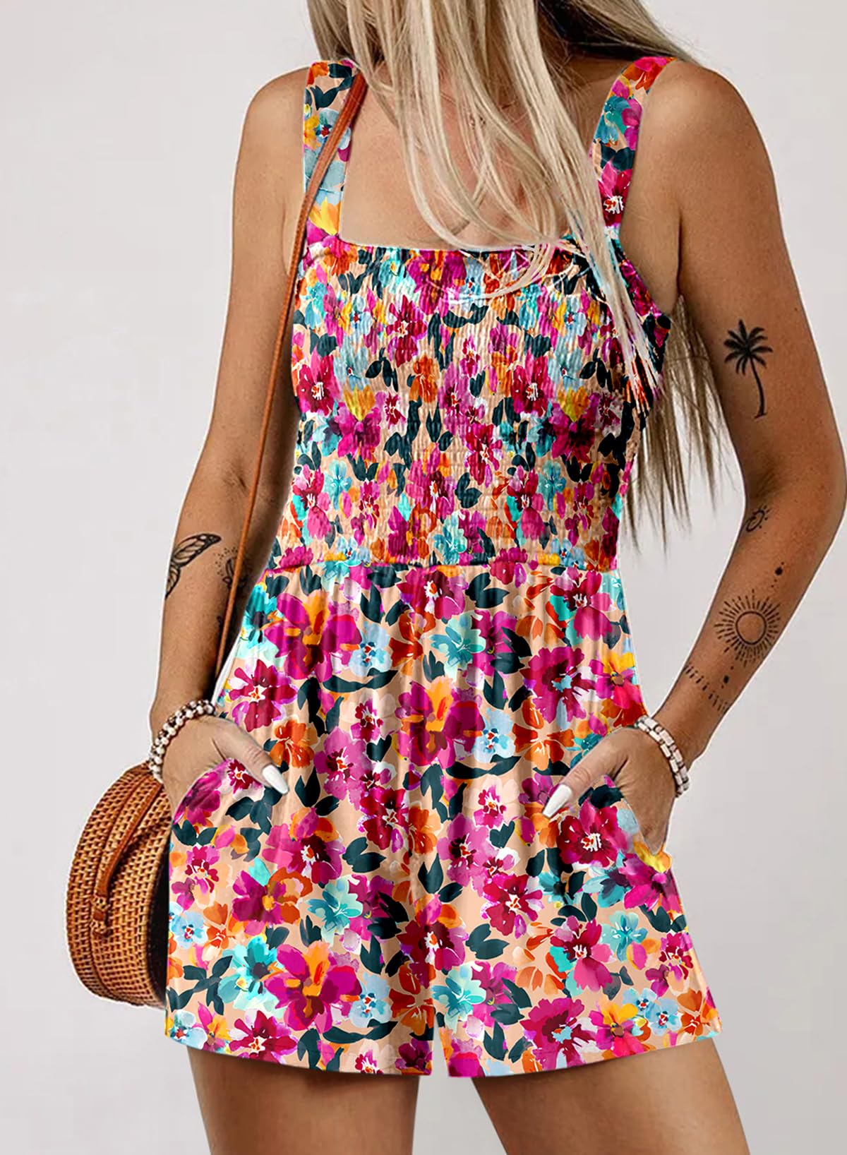 Dokotoo Women's Summer Casual Smocked Romper - Square Neck Sleeveless Loose Short Jumpsuit for Beach Vacation & Outdoor Activities | 2025 Fashion Trend