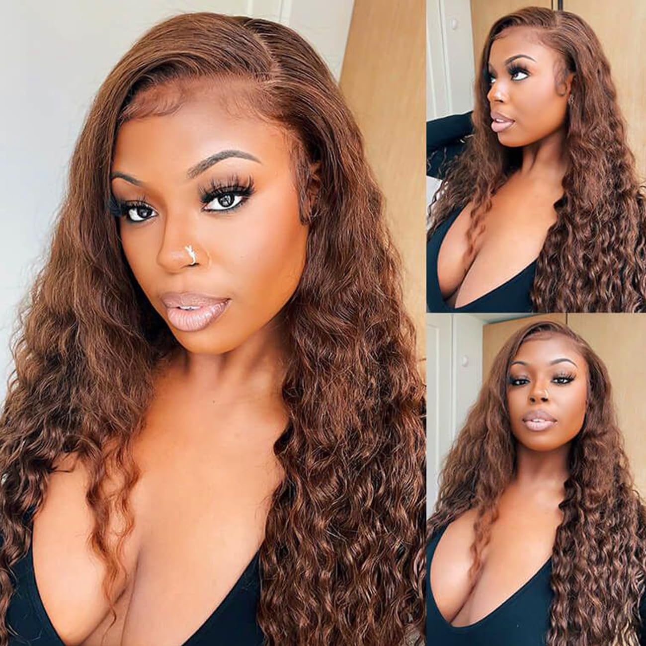 FQ Chocolate Brown Lace Front Wig - 5x5 HD Lace Water Wave Human Hair Wigs for Black Women | 180% Density | 28 Inch Colored Lace Wigs | Perfect for Parties, Weddings & Daily Styling
