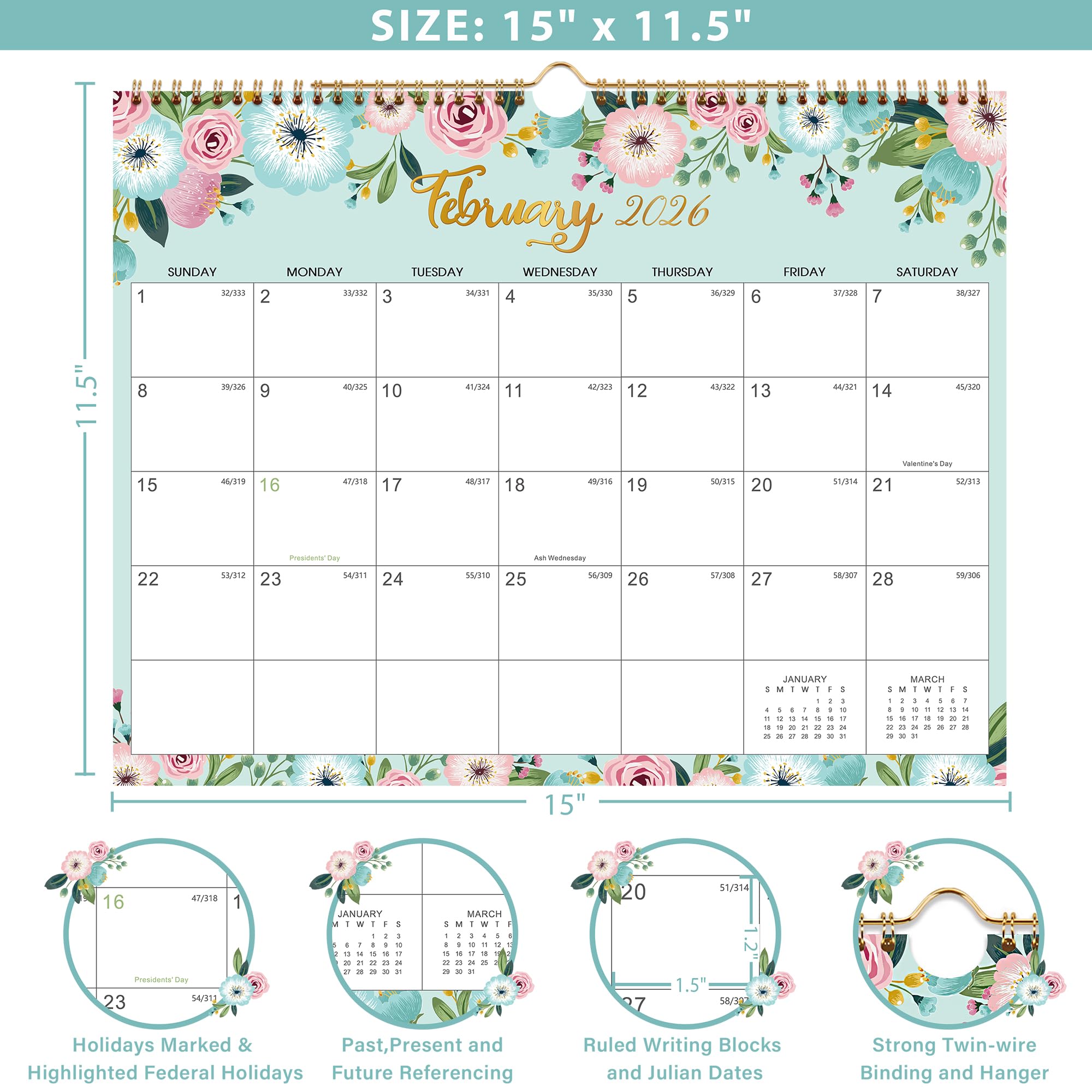 2025-2026 Wall Calendar - 18 Month Planner from July 2025 to December 2026 | Thick Paper, 15