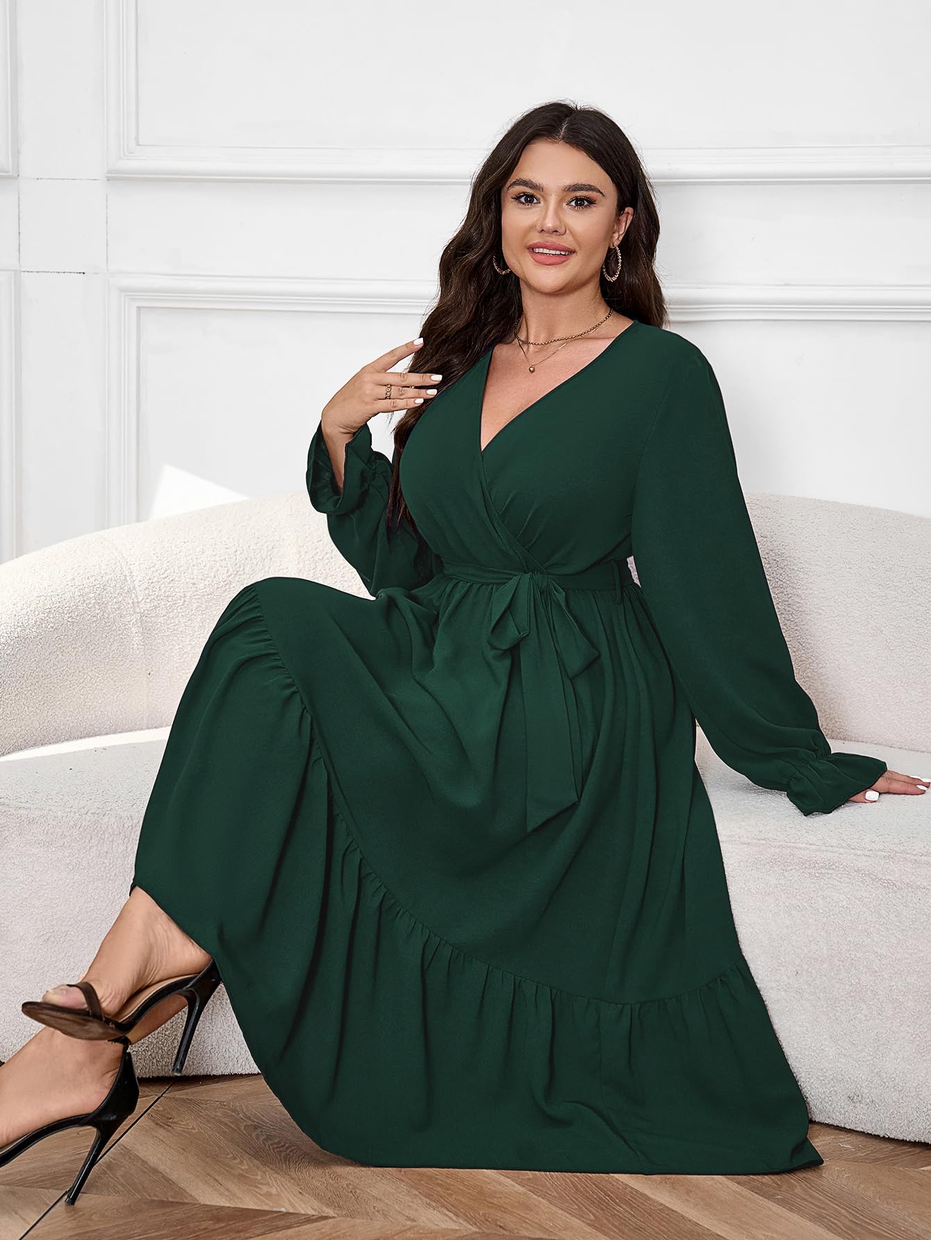 Elegant Plus Size Wedding Guest Dress for Women - Long Sleeve Wrap V-Neck Belted A-Line Maxi Dress with Ruffle Hem | Perfect for Cocktail Parties, Formal Events & Special Occasions