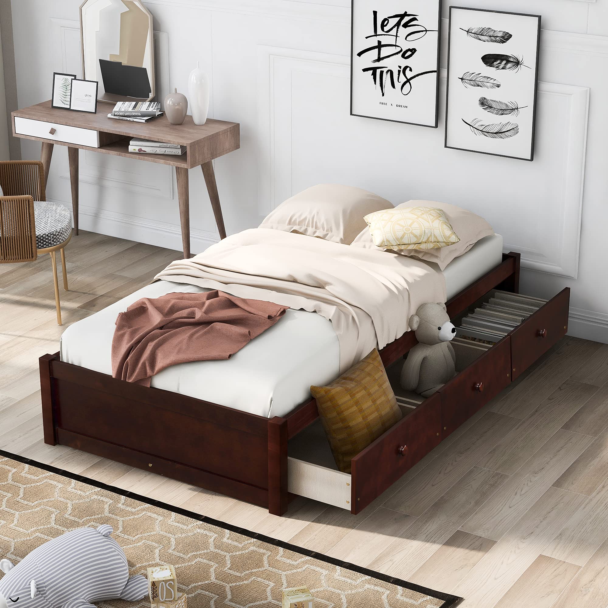 SOFTSEA Twin Storage Bed with Drawers, Solid Wood Platform Bed Frame with Underbed Storage & Wood Slat Support - No Box Spring Needed - Perfect for Small Bedrooms, Guest Rooms & Studio Apartments (Cherry Finish)