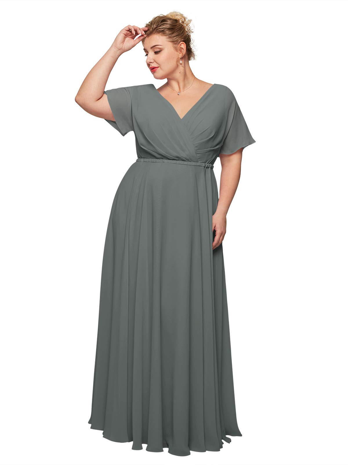 Elegant ALICEPUB V-Neck Chiffon Bridesmaid Dress - Long Maxi Formal Evening Gown for Women with Short Sleeves | Perfect for Weddings, Parties & Special Occasions