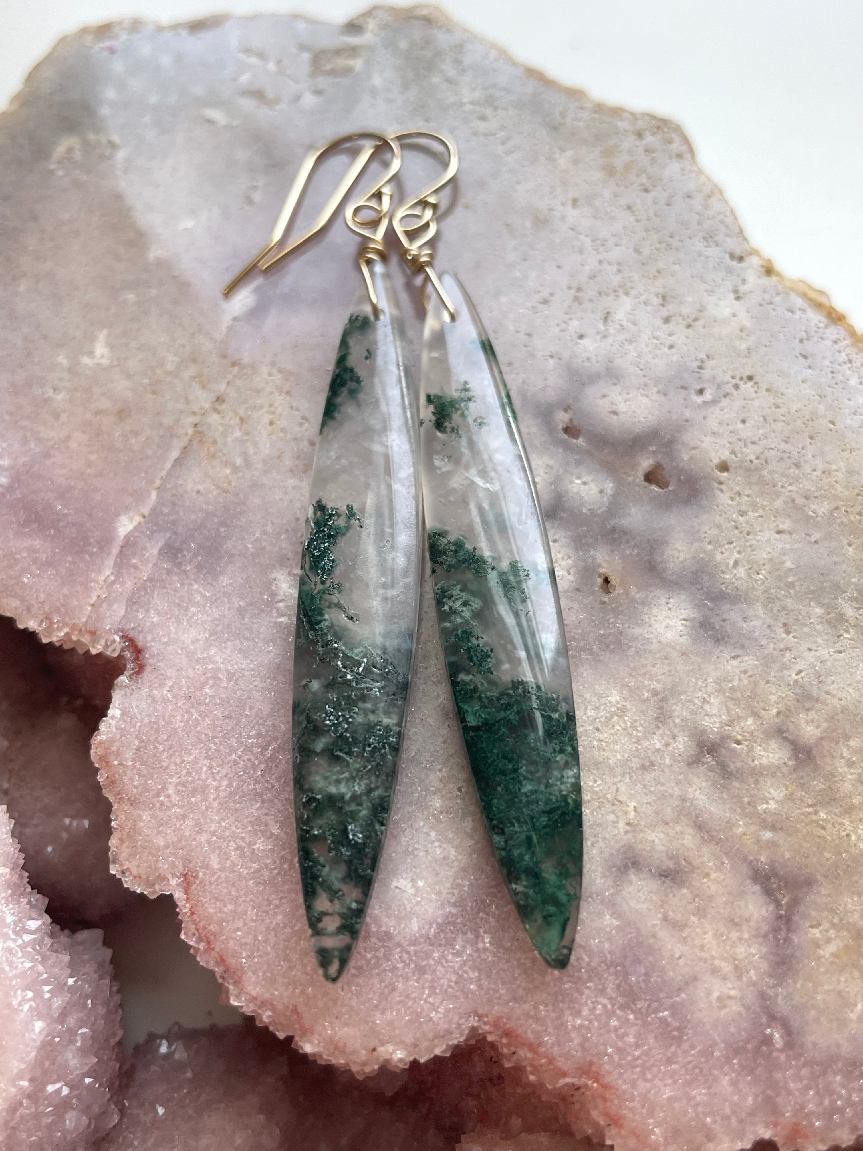 Elegant Moss Agate Dangle Earrings in Gold Fill - Perfect for Boho, Wedding & Evening Wear