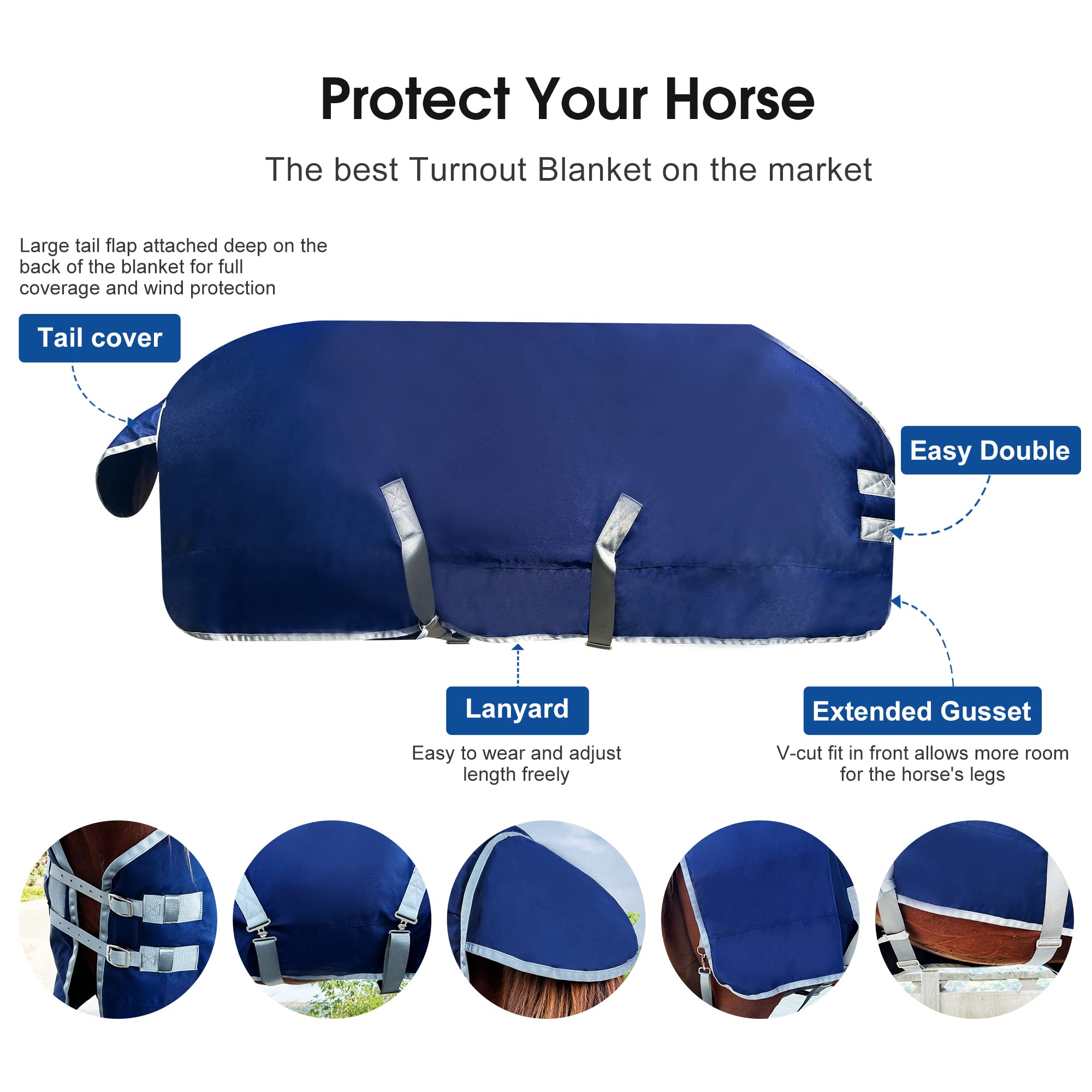 1200D Heavy Duty Horse Turnout Blanket - Winter Waterproof Horse Blanket for Cold Weather - Navy Blue 82 Inch - Ideal for Outdoor Riding, Stable, and Pasture Use