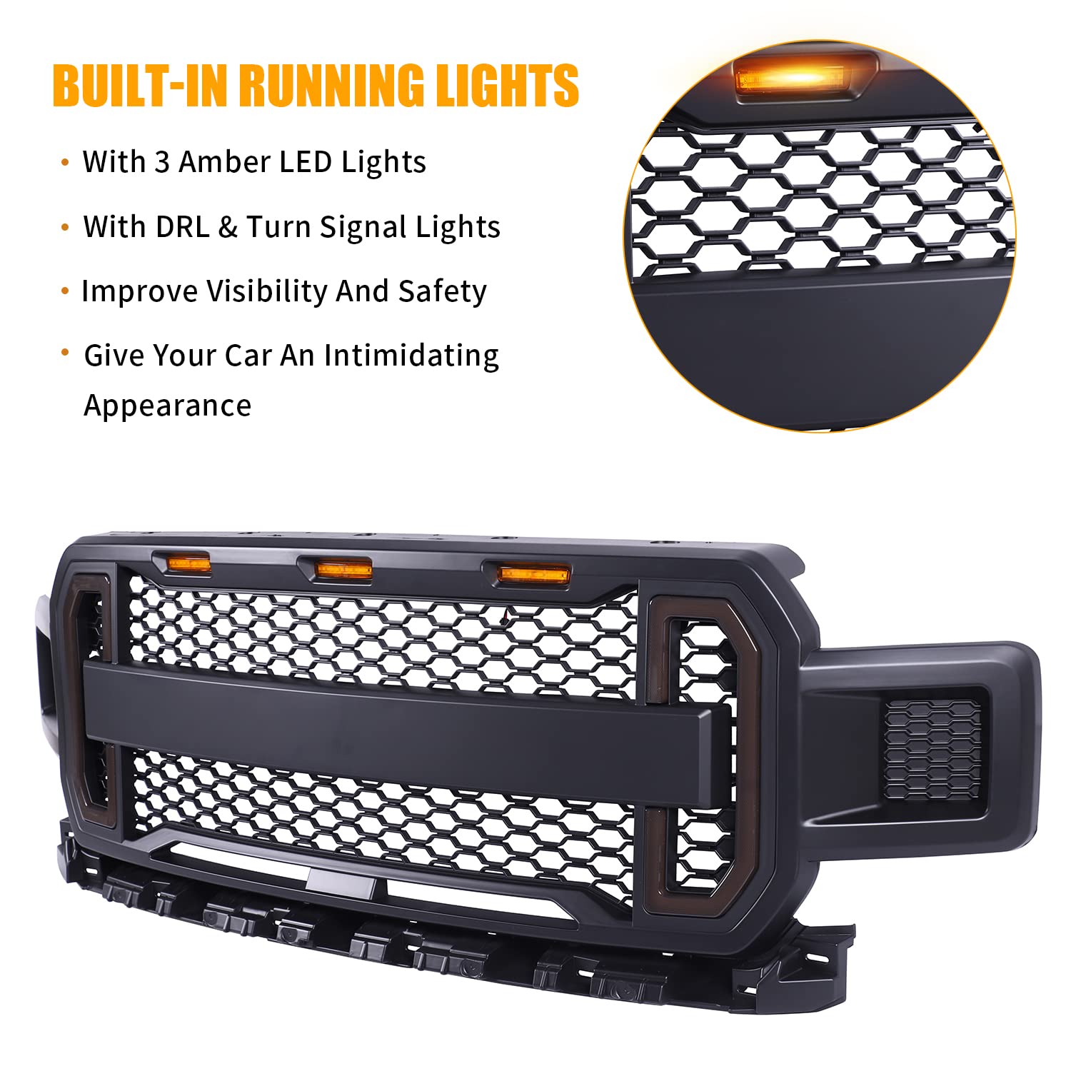 Ford F-150 2018-2020 Front Grill Mesh Grille Replacement with DRL, Turn Signal & 3 Amber LED Lights (Matte Black) - Perfect for Off-Roading, Truck Customization & Enhanced Style