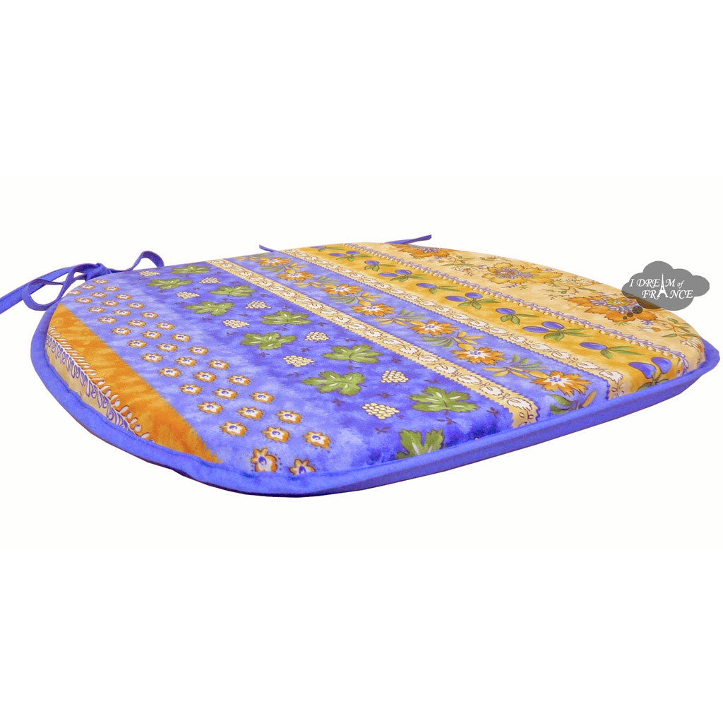 Le Cluny Monaco Blue & Yellow Acrylic Coated Cotton French Style Chair Pad - Waterproof Seat Cushion for Dining Room, Kitchen, or Outdoor Patio Furniture