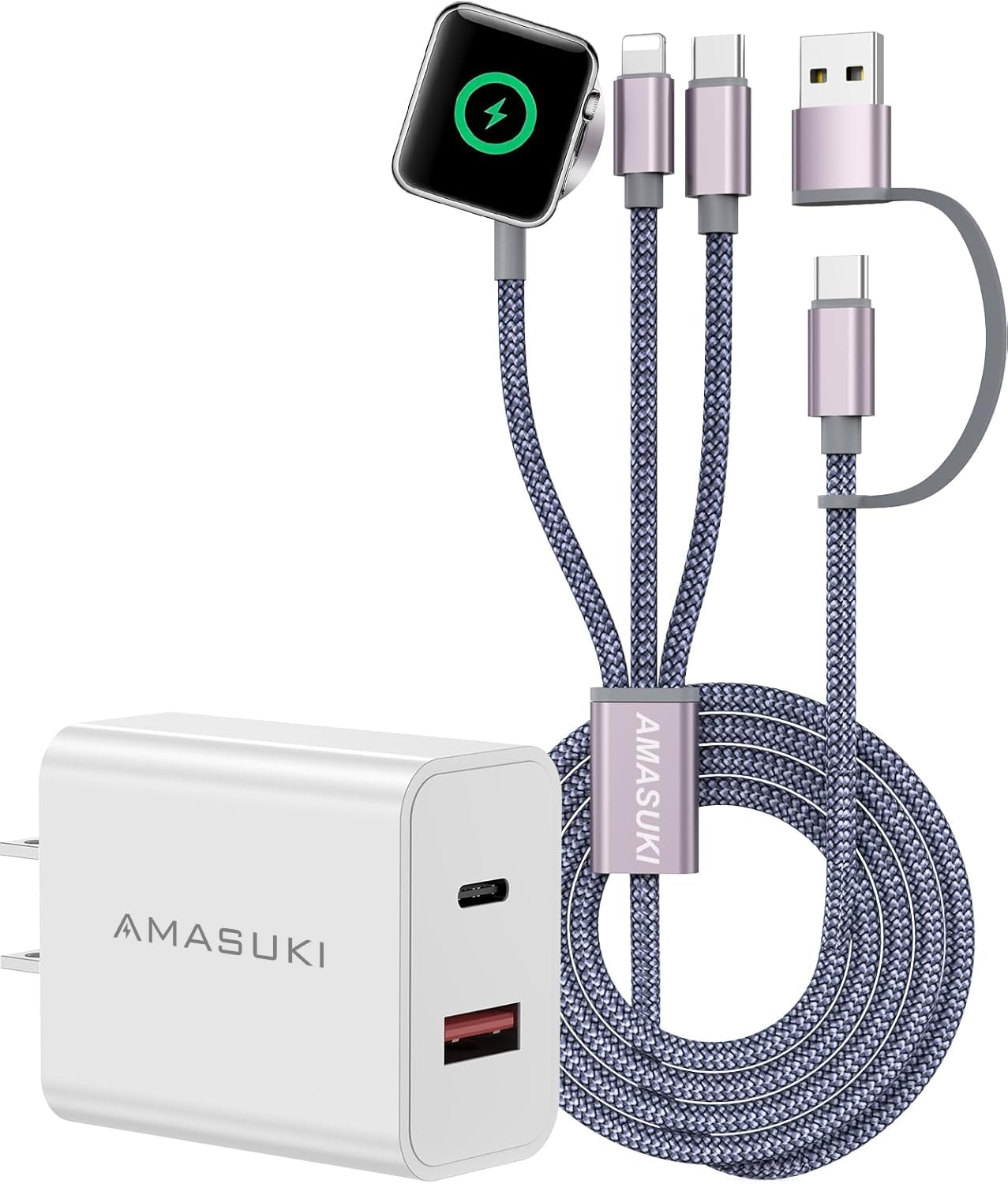 3-in-1 Fast Charging Cable for Apple Watch/iPhone/Samsung - 4FT Multi-Port USB C to Lightning & Magnetic Charger Compatible with iWatch Ultra/SE/10/9/8/7/6/5/4/3/2/1, iPhone 16/15/14/13/12 & Galaxy S23 - Perfect for Travel, Office & Home Charging